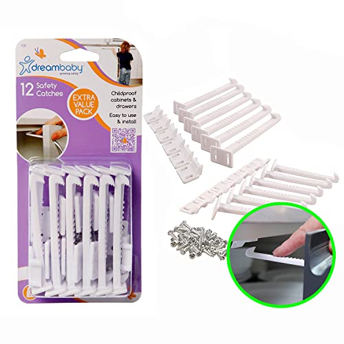 Dreambaby Cabinet & Drawer Safety Latches - 12-Pack Childproof Locks for Baby Proofing (White) | Secure Kitchen, Bathroom & Nursery Storage