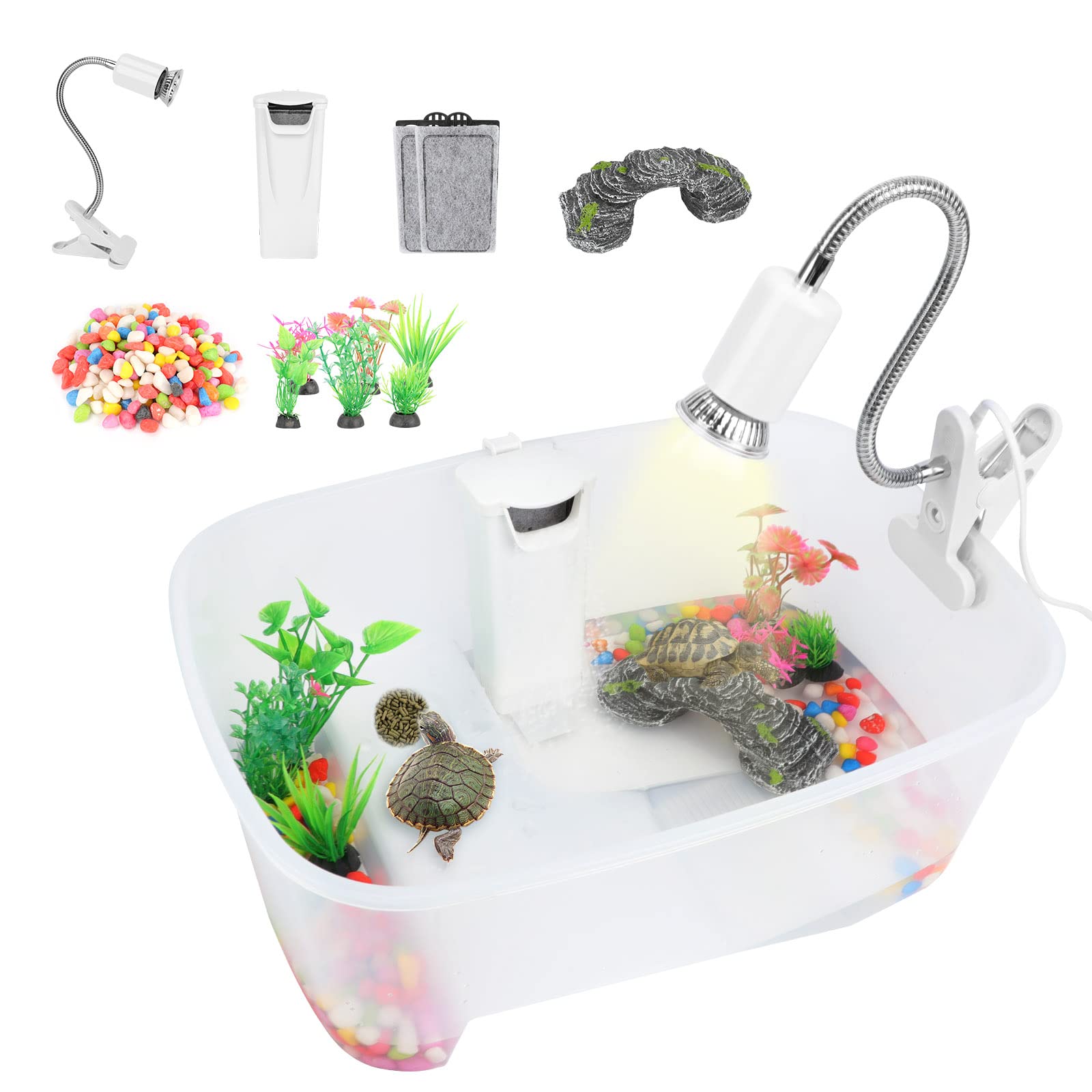 Rypet Baby Turtle Tank Starter Kit - Adjustable UVA Basking Light Lamp, Basking Platform, Water Filter, Rocks & Plants - Reptile Habitat for Turtles, Frogs & Hermit Crabs - Perfect for Home, Classroom or Office Aquarium Setup