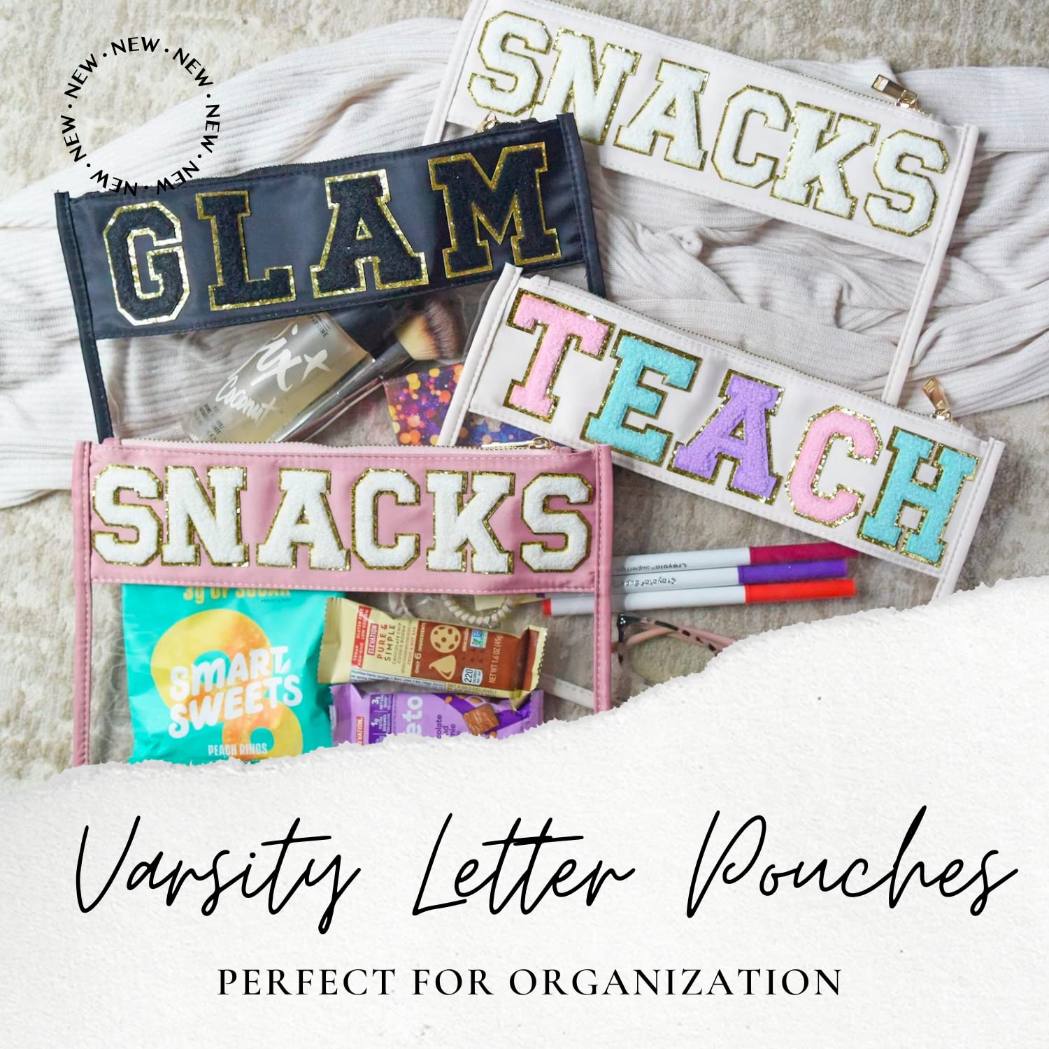 Clear Pouch with Varsity Letter Patches - Personalized Makeup & Snack Bag for Travel, School & Sports | Waterproof Cosmetic Organizer & Snack Storage (Ivory)