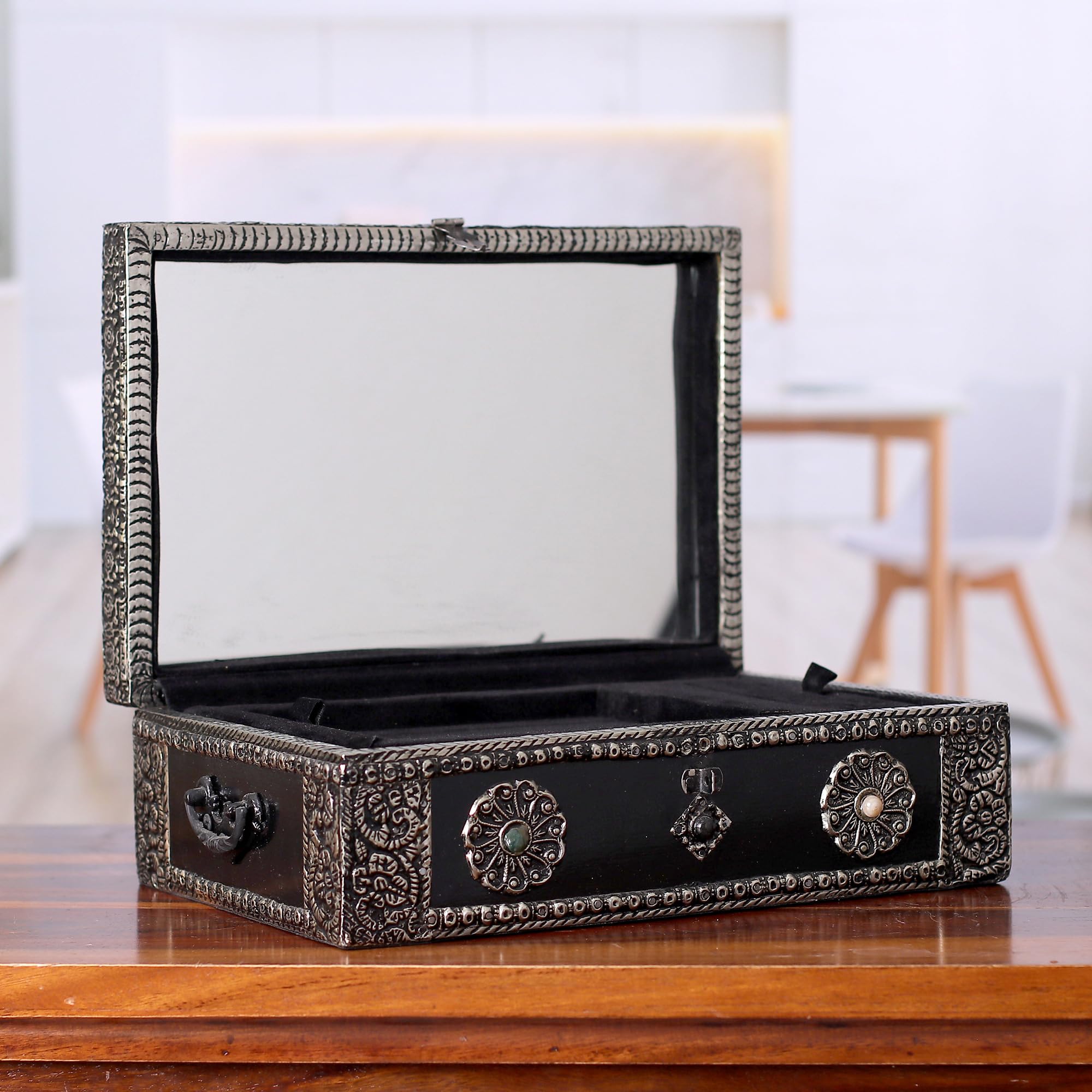 Handmade Nickel Repousse Mango Wood Jewelry Box with Glass Accents - Antique Sophisticated Gift for Women | Perfect for Jewelry Storage, Home Decor & Wedding Present