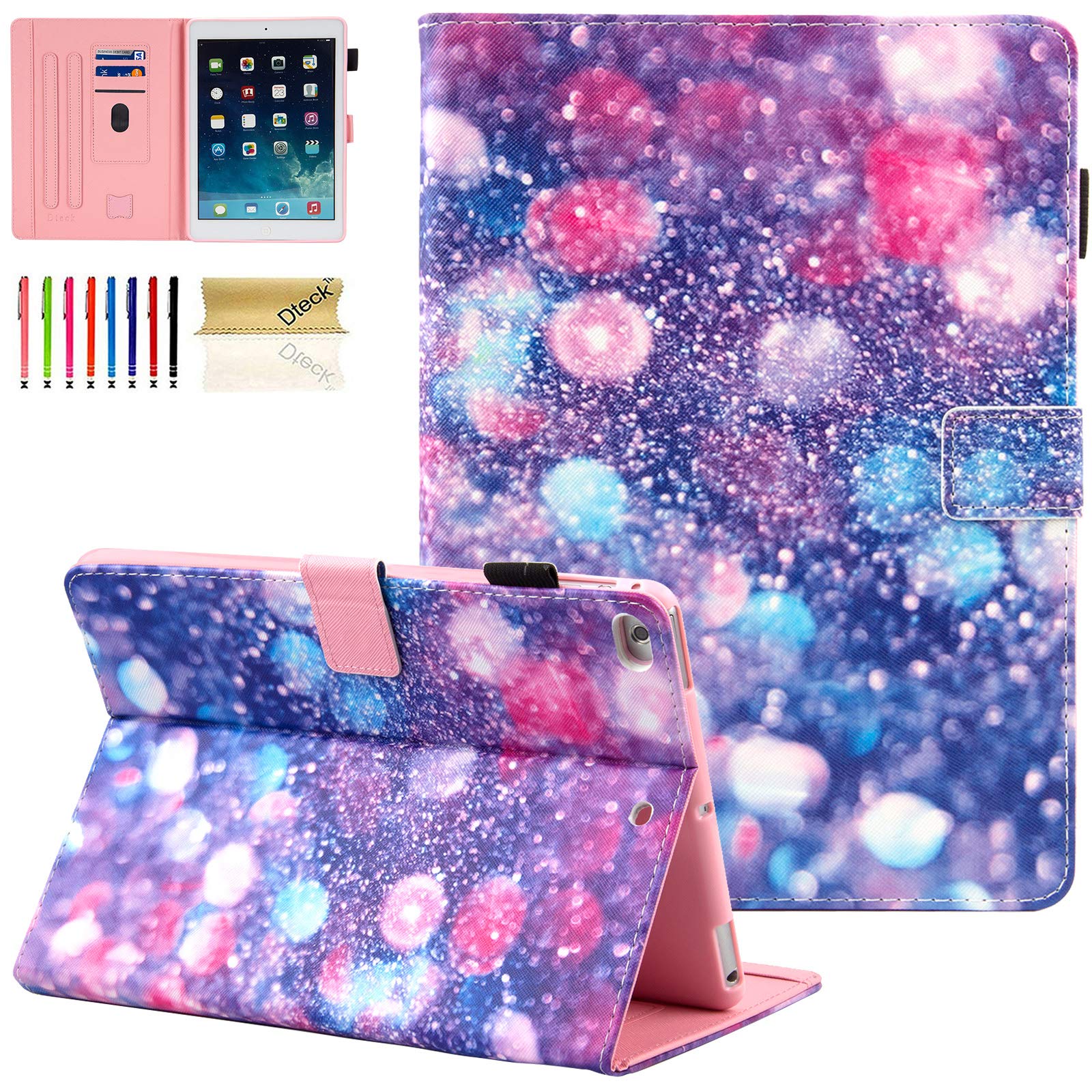 Dteck 9.7-Inch Magnetic Stand Synthetic Leather Smart Wallet Case for iPad 6th/5th Gen (2018/2017), iPad Air 2/1 - Protective Fold Cover with Kickstand (Purple Bubbles) | Perfect for Work, Travel & Home Use