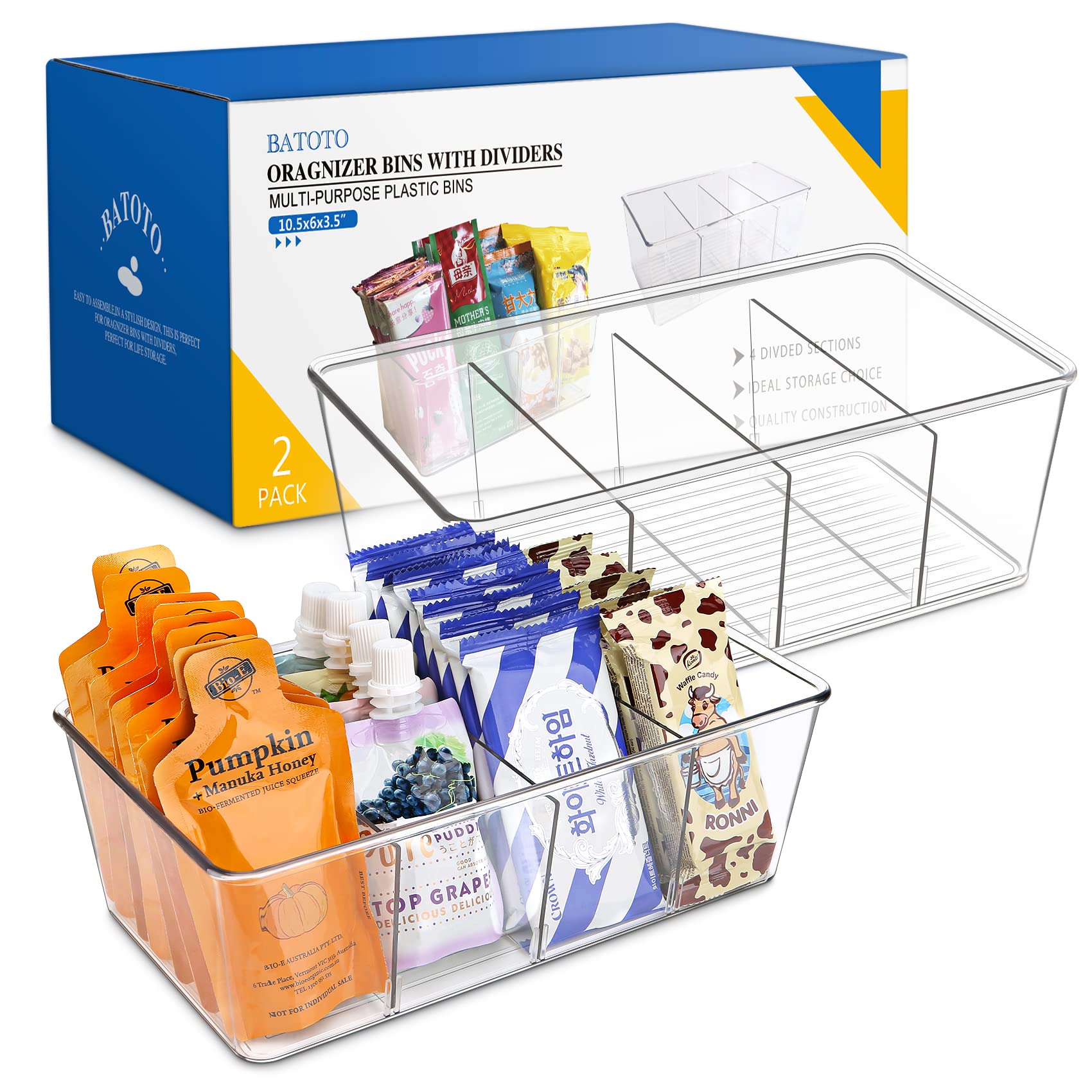 Batoto Clear Refrigerator Organizer Bins with Dividers – 2 Pack for Kitchen Pantry Storage, Perfect for Fridge, Freezer, and Cabinet Organization