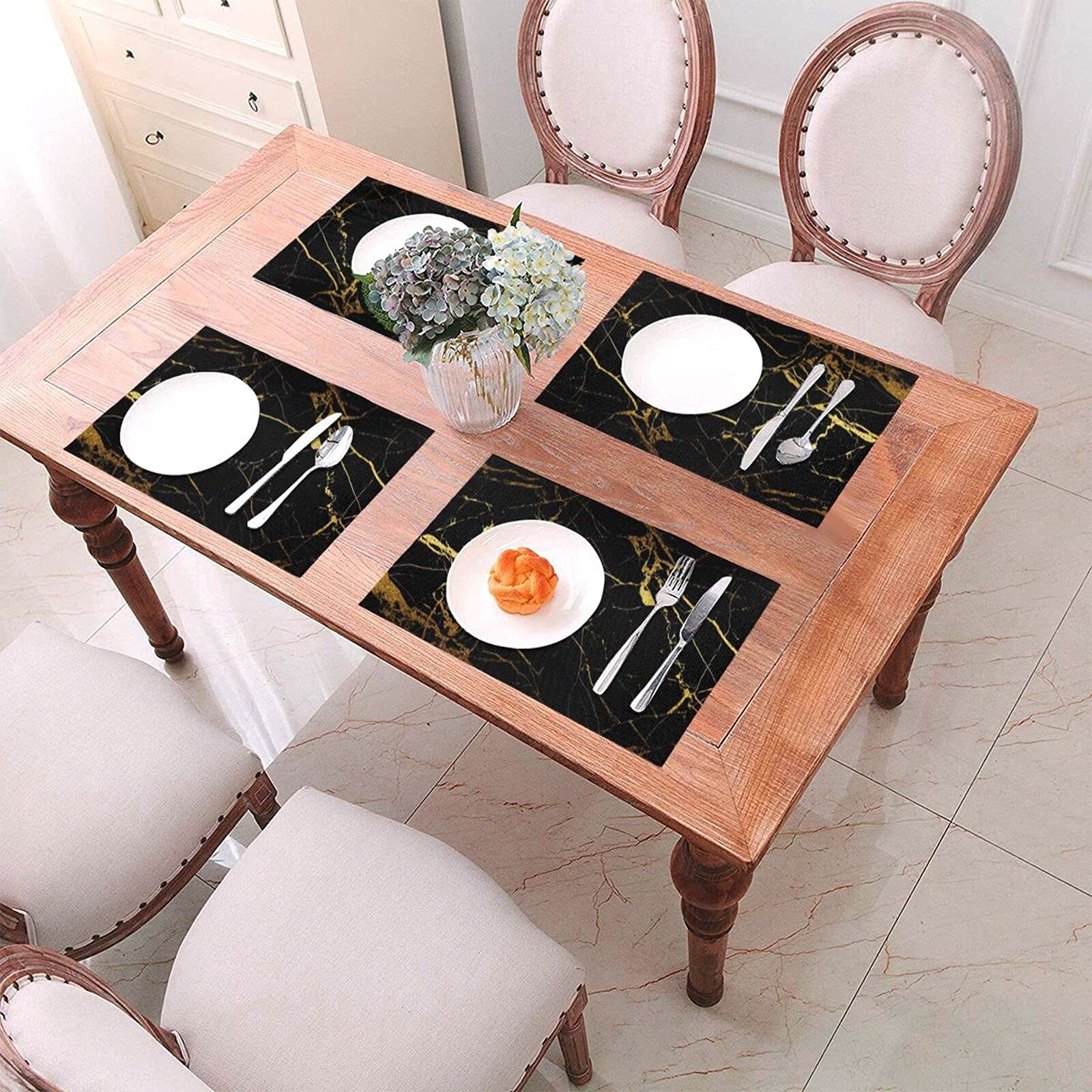 Premium Black Gold Marble Placemats Set of 4 - Heatproof Non-Slip Vinyl Place Mats for Dining & Kitchen Tables - Washable Woven Table Mats for Everyday Use, Dinner Parties & Holiday Decor