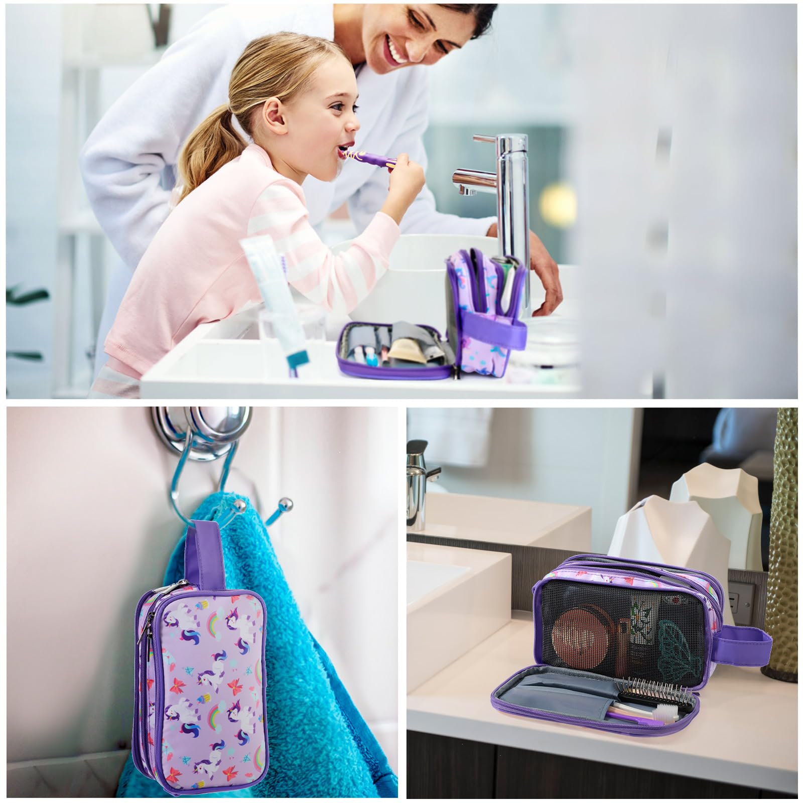 **Unicorn Purple Kids Toiletry Bag for Girls - Waterproof Hanging Travel Cosmetic & Makeup Organizer - Perfect for Toddler Toiletries, School Trips & Family Vacations - Ideal for Bathroom Storage, Sleepovers & Camping Essentials - Great for Travel, Gifts & Daily Use**