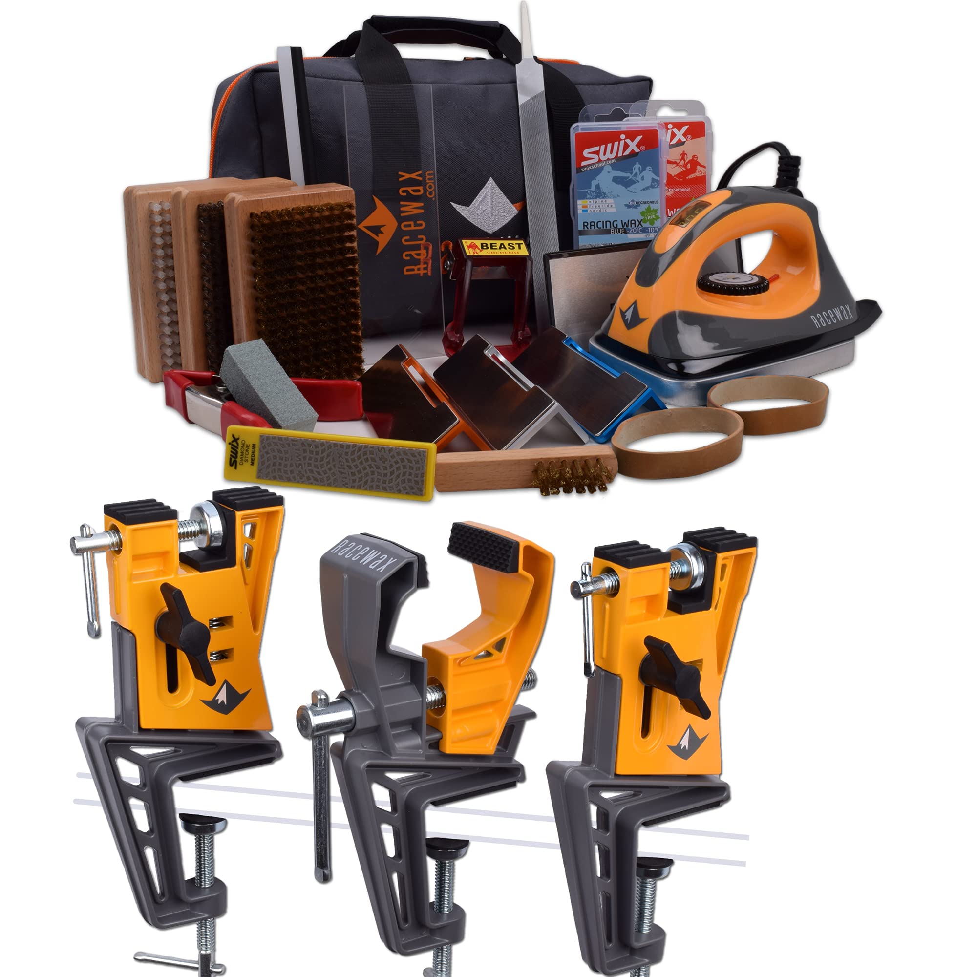 RaceWax Pro Tune Ski Wax Tuning Kit with All Metal World Cup Ski Vise (ZS-7971) - Professional Ski Maintenance Tools for Alpine & Cross-Country Skiing - Perfect for Home Tuning, Competition Prep & Winter Sports Enthusiasts