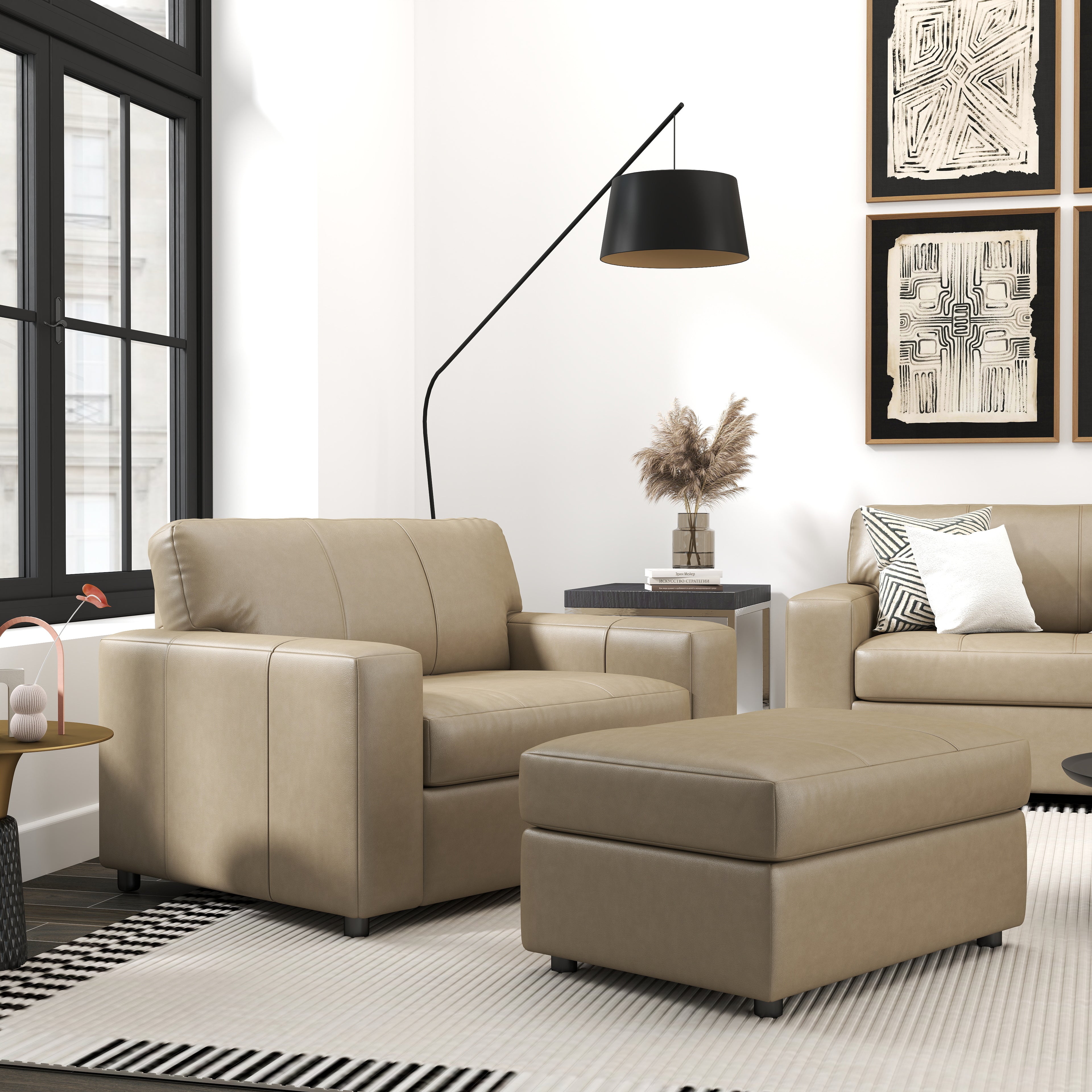 Roundhill Furniture Sakan Genuine Leather Upholstered Living Room Set - Sofa, Loveseat & Chair - Modern Sectional Couch for Home Theater, Family Room & Lounge Areas