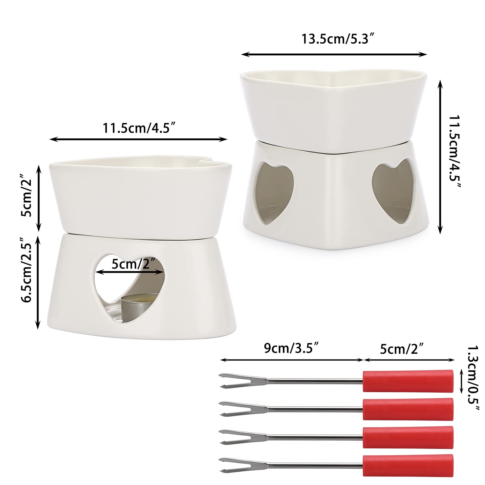 White Ceramic Butter Warmer Set - Heart Shaped Fondue Pot for Melting Cheese, Chocolate & Caramel - Includes 4 Forks - Perfect for Romantic Dinners, Parties & Family Gatherings