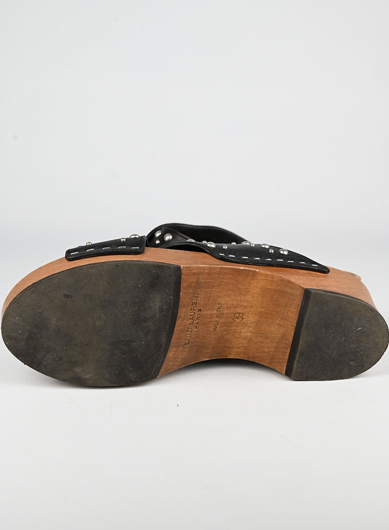 Saint Laurent Black Leather Wooden Zoccoli Shoes Size 39 - Luxury Italian Designer Loafers for Women | Perfect for Office, Parties & Casual Wear