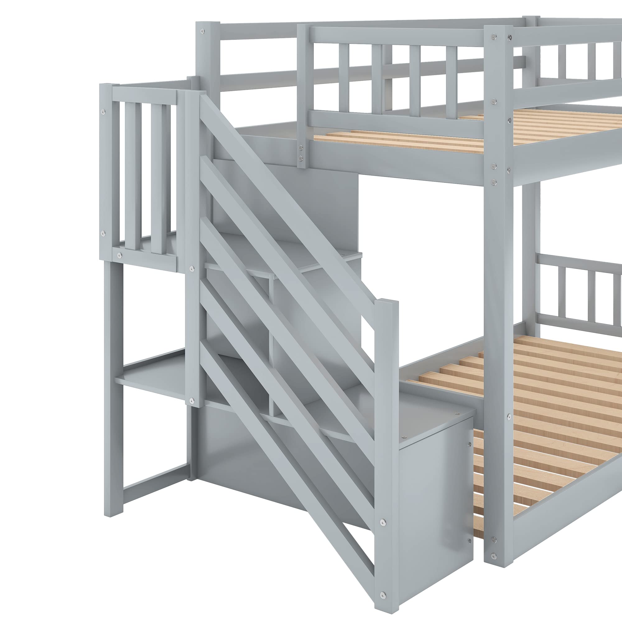 LZ LEISURE ZONE Twin Over Twin Solid Wood Bunk Bed Frame with Handrails & Wide Step Ladder - Grey Twin Size Floor Bunk Bed with Storage | Perfect for Kids' Bedroom, Guest Room & Space-Saving Solutions