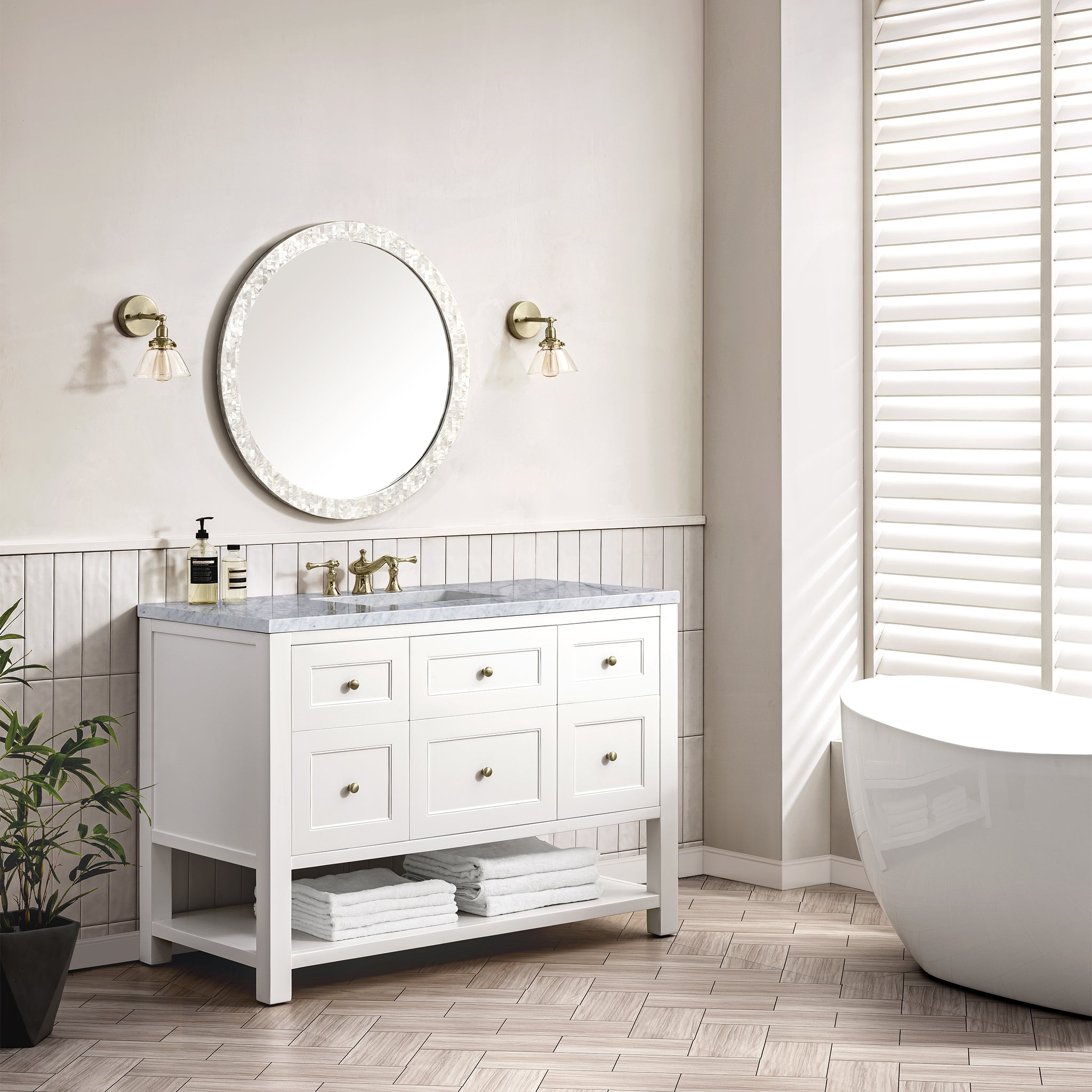 Breckenridge 48 Inch Single Bathroom Vanity Set with 3CM Carrara Marble Top in Bright White - Perfect for Modern Master Bathrooms & Powder Rooms