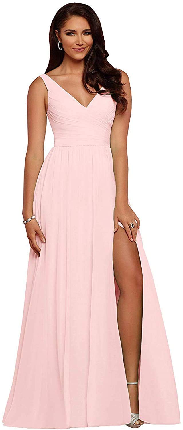 Elegant Blush Chiffon Bridesmaid Dress - Long V-Neck Pleated Wedding Guest Gown with High Slit & Backless Design (COO2-18W) | Perfect for Weddings, Proms, Formal Events & Evening Parties