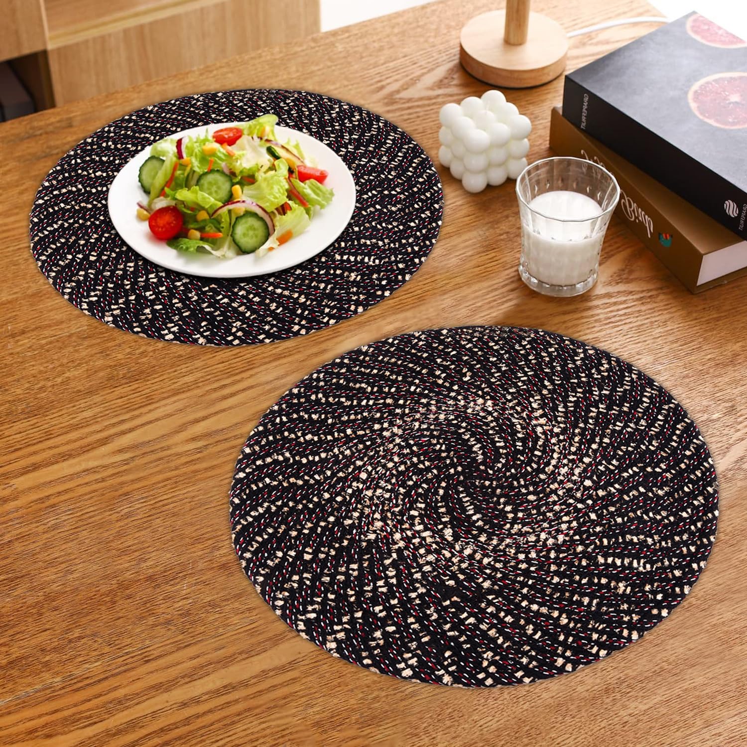 Kuber Industries 16 Inch Round Cotton Feather Table Mat - Reversible Dining & Bedside Center Mat - Pack of 2 in Brown - Perfect for Coffee Tables, Nightstands & Dining Decor