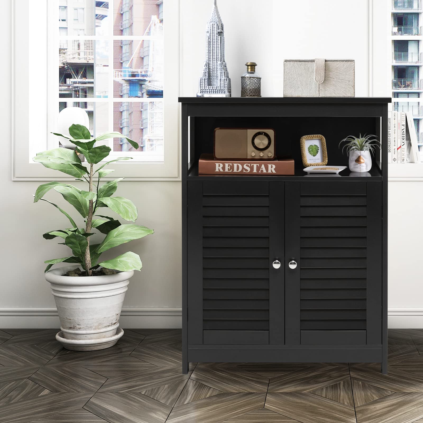 GLACER Wooden Bathroom Storage Cabinet with Double Shutter Doors - 3-Position Adjustable Shelf & Side Organizer - 23.5 x 12 x 31.5 Inches (Black) - Perfect for Bathroom, Laundry Room & Closet Organization