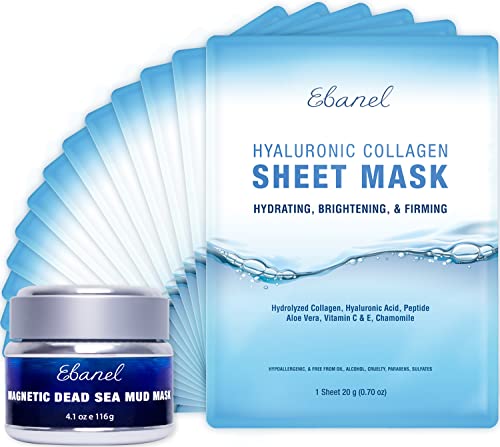 Ebanel 15-Pack Collagen Face Mask & Magnetic Dead Sea Mud Mask Bundle - Hydrating & Detoxifying Facial Treatment for Glowing Skin | At-Home Spa Day & Self-Care Routine