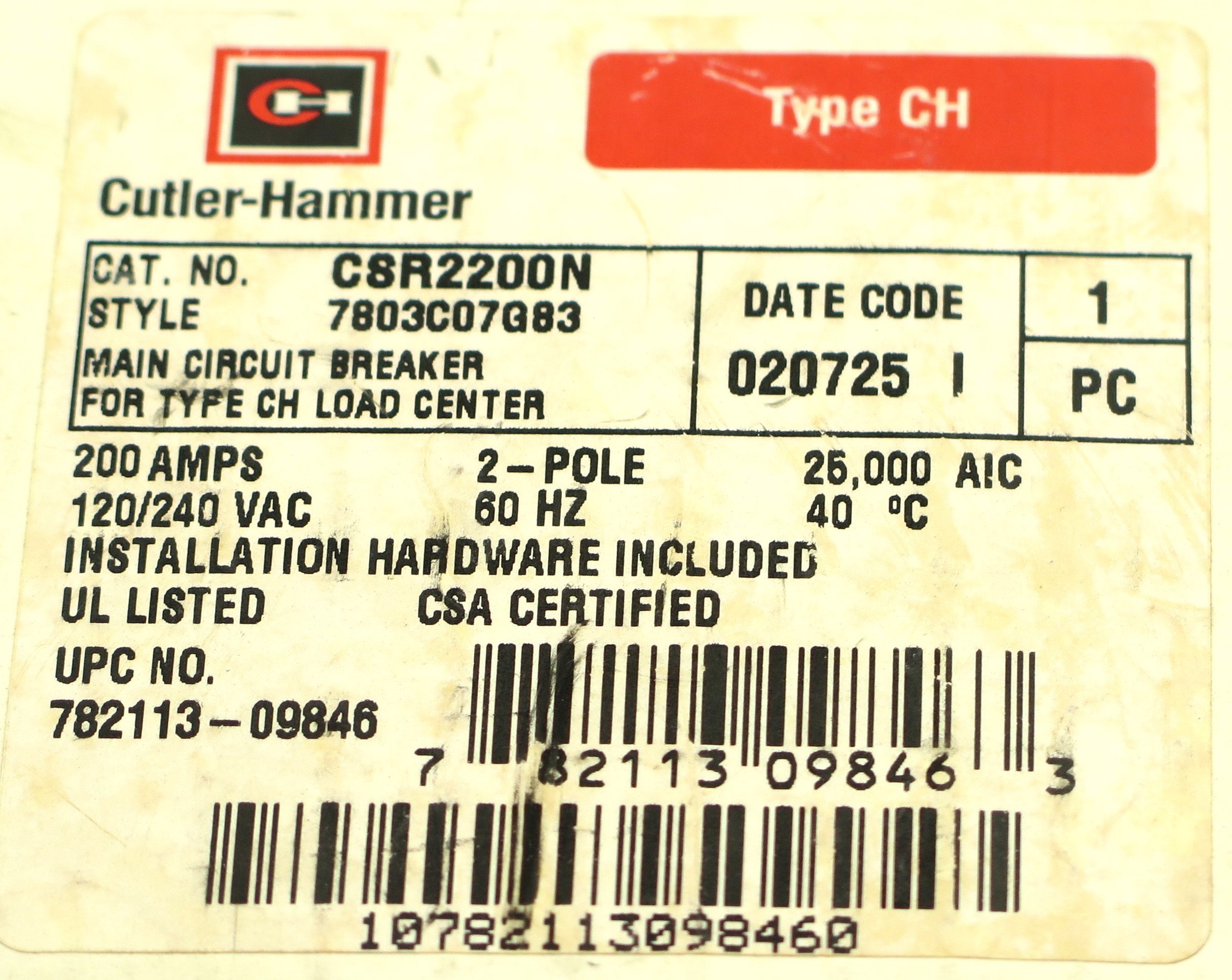 Cutler-Hammer CSR2200N 20A 2-Pole Maintenance Circuit Breaker for Type CH Load Center - Replacement for Electrical Panels & Home Safety Protection
