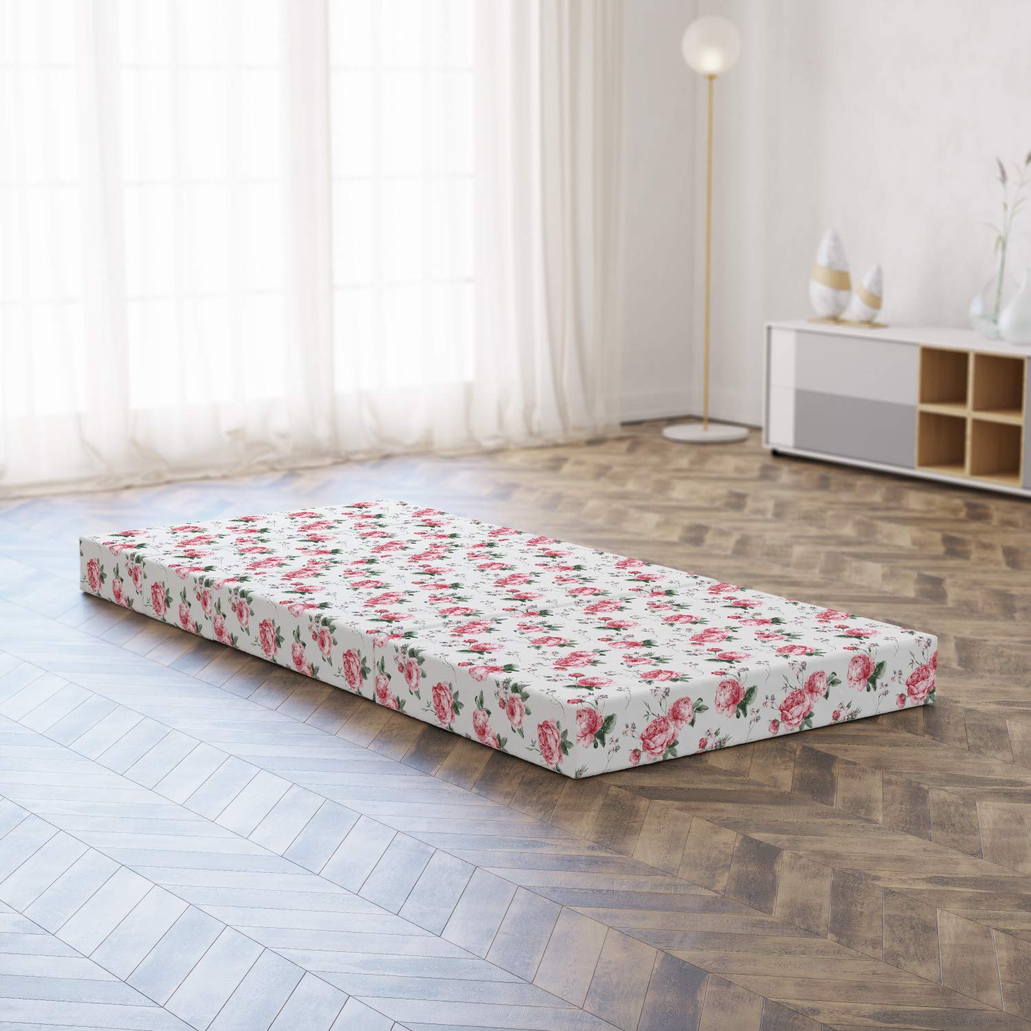 Ambesonne Rose Foldable Mattress - Pink Blossom English Floral Design, 74.8