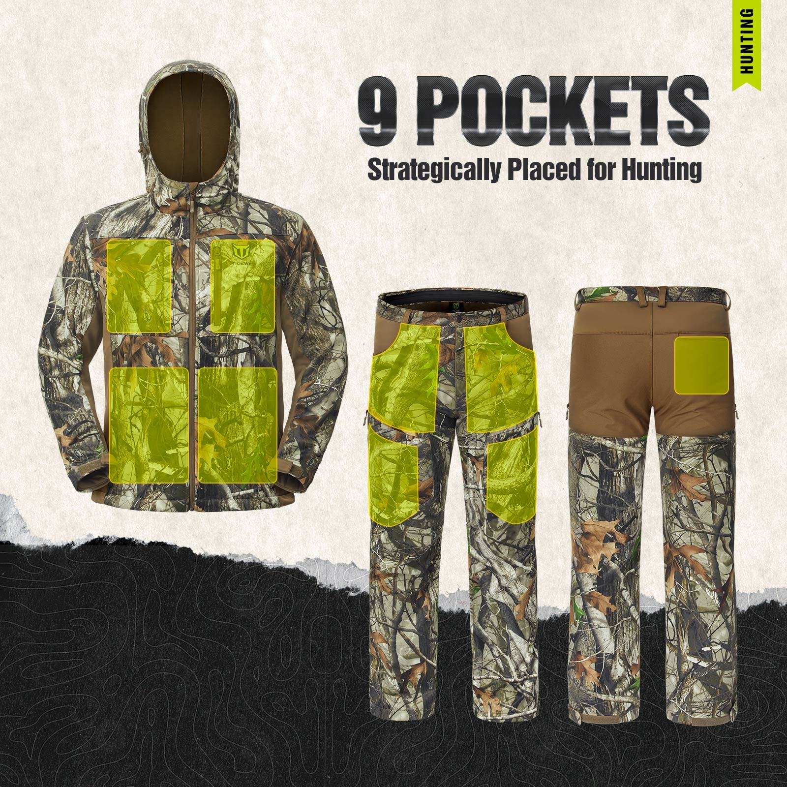 TIDEWE Men's Fleece-Lined Hunting Jacket & Pants Set - Water Resistant, Silent Camo Gear with Safety Strap Compatibility | Ideal for Deer Hunting, Outdoor Adventures & Cold Weather Activities
