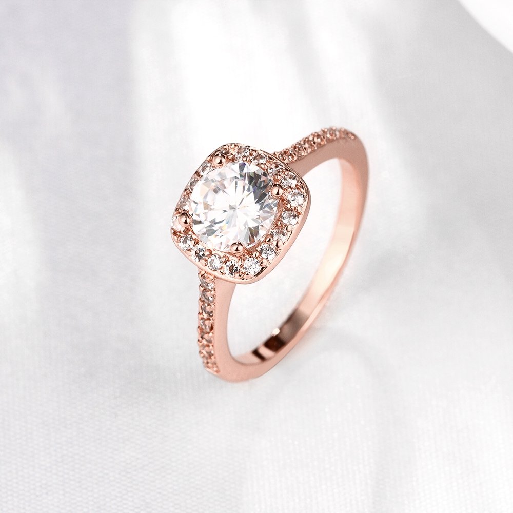 18K Rose Gold Plated Crystal Halo Engagement Ring for Women - Elegant Pave Band Wedding Jewelry (Rose Gold, Size 9) | Perfect for Proposals, Anniversaries & Special Occasions