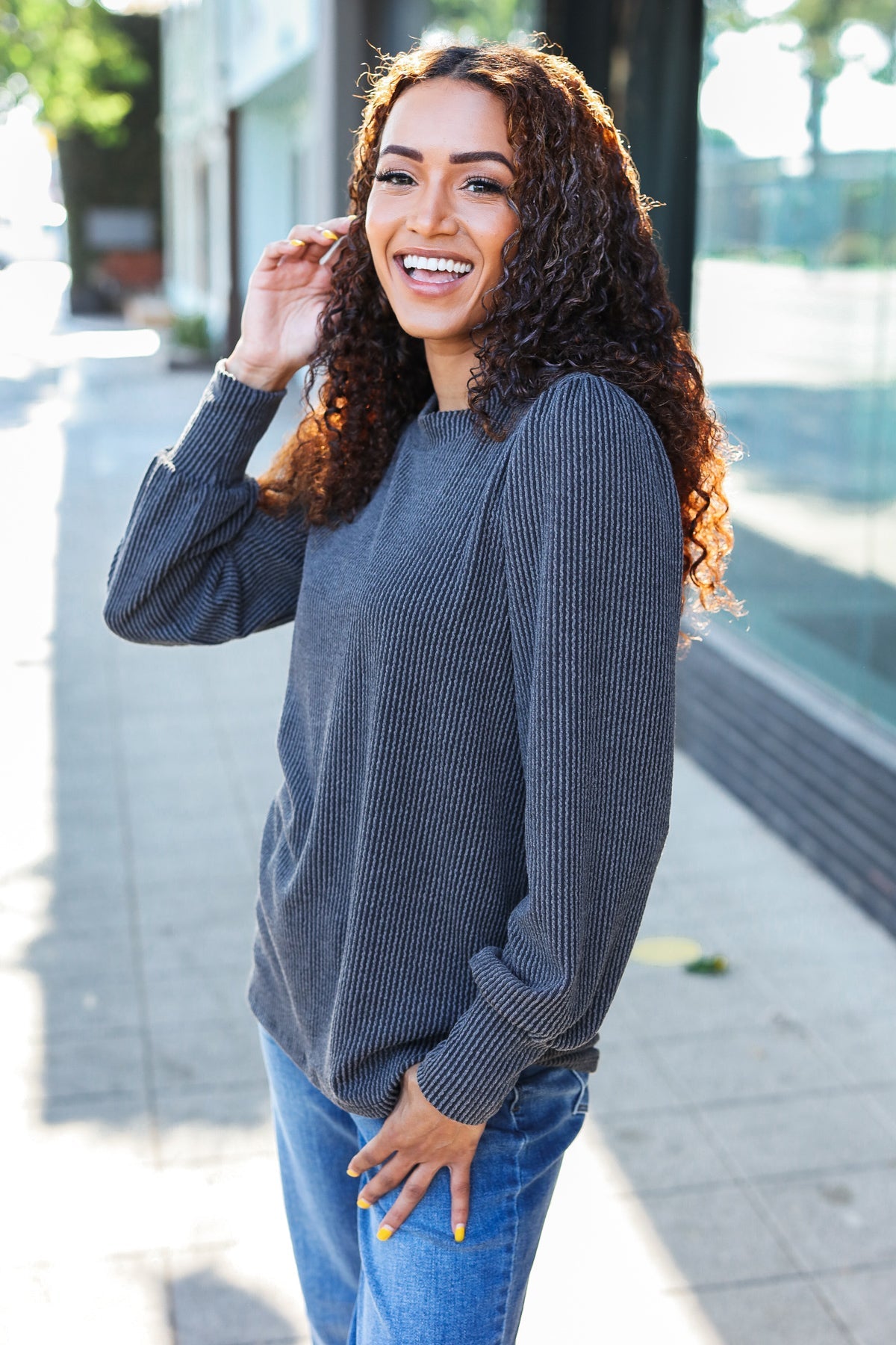 Everyday Charcoal Rib Mineral Wash Long Sleeve Top for Women | Soft Comfortable Casual Shirt | Perfect for Work, Weekend & Layering