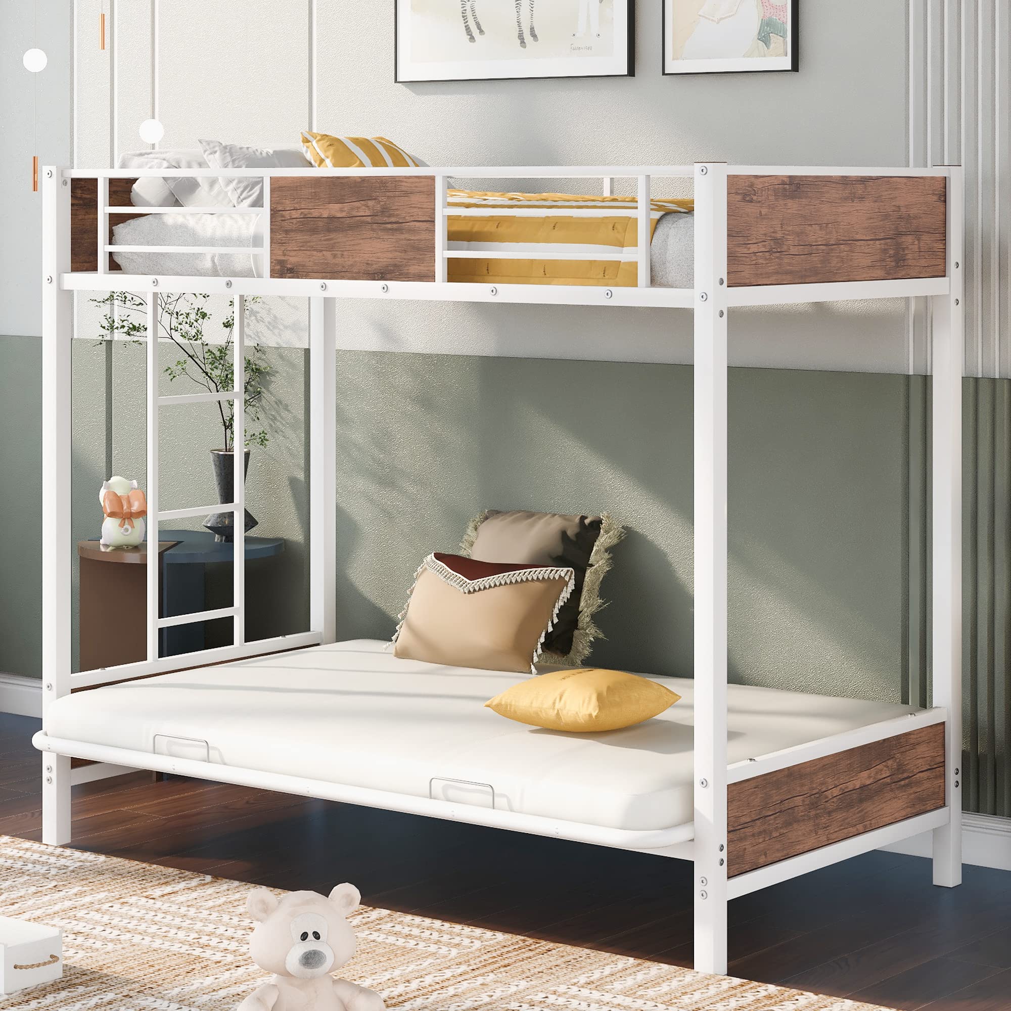 Polibi Twin-Over-Futon Convertible Bunk Bed with Guardrails & Ladder - Space Saving Metal Frame for Small Rooms, Guest Bed & Kids Sleepover (White) - Perfect for Apartments, Dorms & Multi-Functional Living Spaces