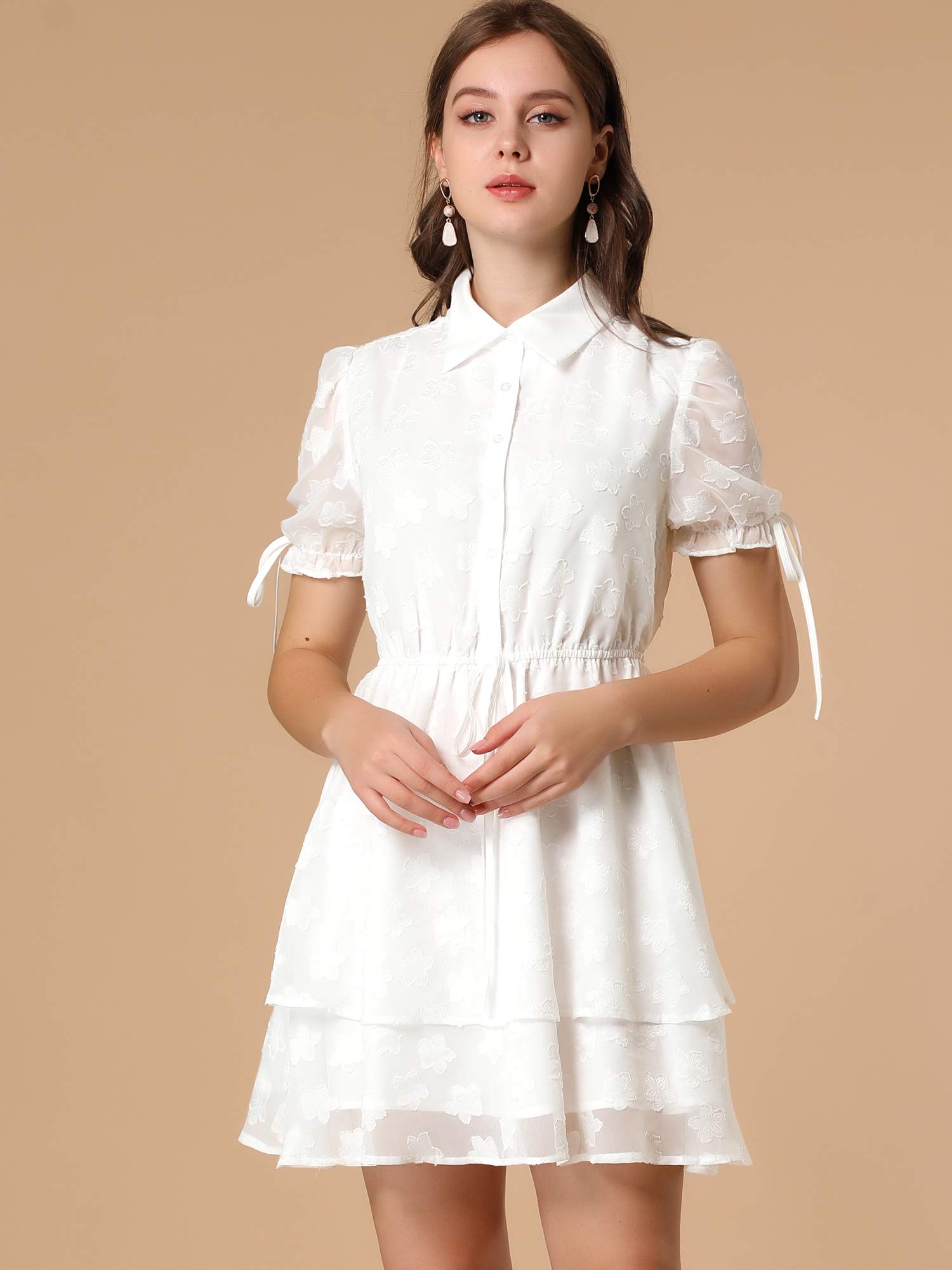 Allegra K Women's Floral Peter Pan Collar Chiffon Layered Dress with Drawstring - Elegant Summer Casual & Party Wear for Women