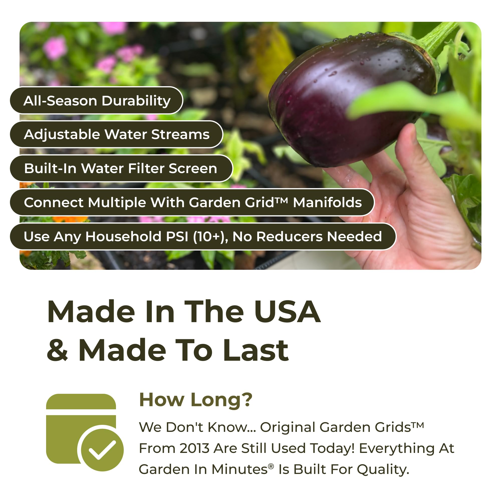 **Premium Garden Grid Watering System for Raised Beds | Drip Irrigation Kit with Soaker Hose & Sprinkler | Easy Setup, High Quality, Made in USA | 2x4 (22.5
