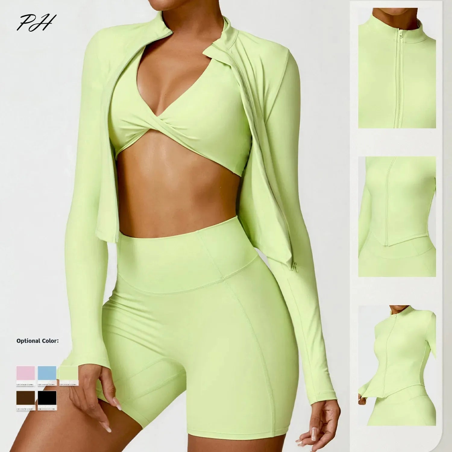 Women's Long Sleeve Quick Dry Yoga Outfit Set - Nude Zippered Sport Coat & Shorts for Fitness, Running & Workouts | Moisture-Wicking Activewear for Gym, Yoga & Outdoor Sports