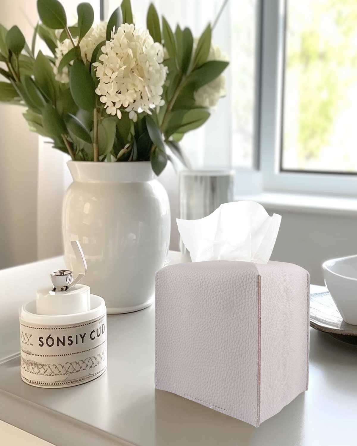 JESMINI Modern PU Leather Tissue Box Cover – Light Purple Square Design with Bottom Belt, Decorative Holder for Bathroom Vanity, Nightstand & Office Desk (5x5x5 inches) – Perfect for Home Decor & Gift Giving