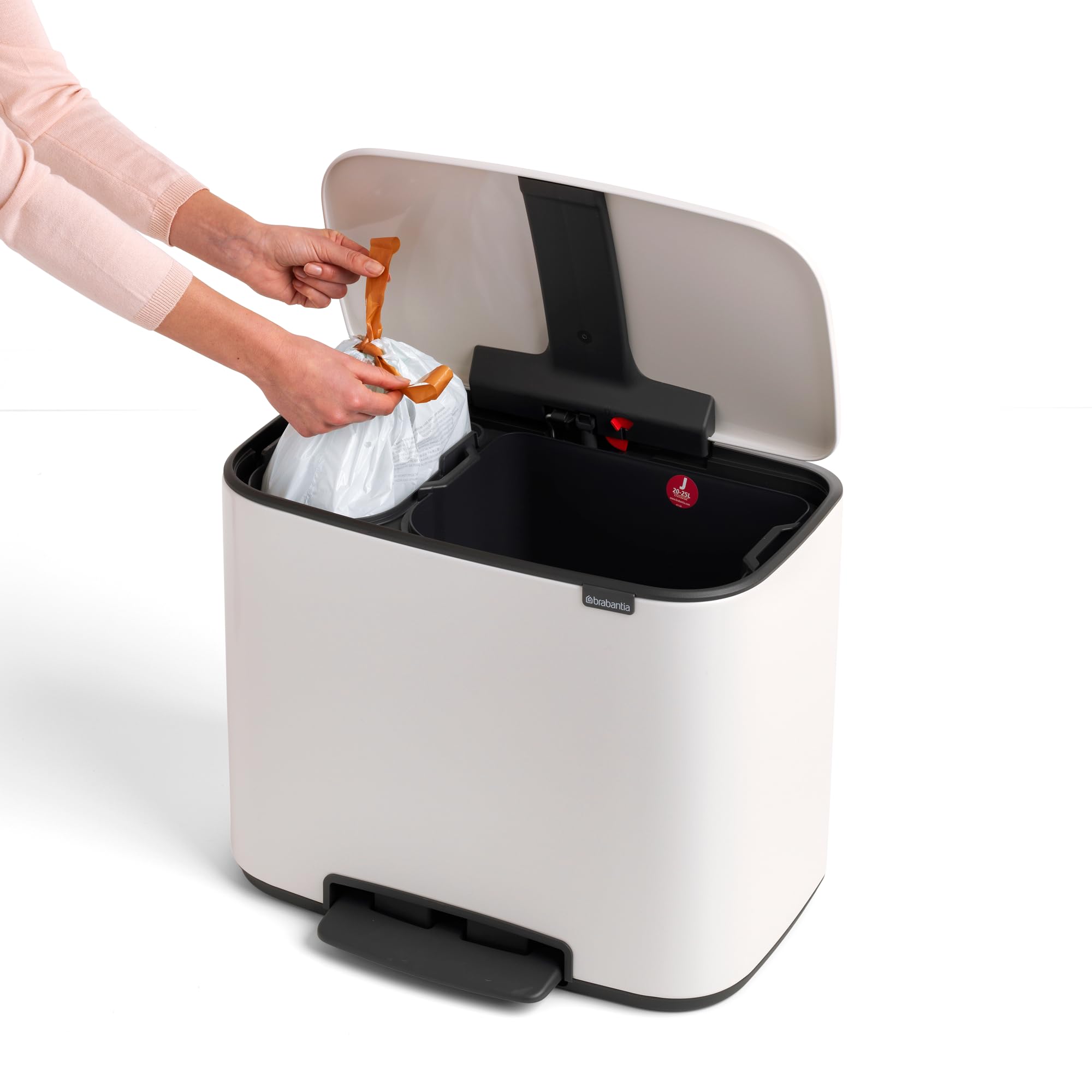 Brabantia Bo Step-On Pedal Trash Can - 3 & 6 Gallon Inner Buckets, White Waste & Recycling Garbage Bin with Removable Compartments + Free Bags - Perfect for Kitchen, Office, or Bathroom Organization
