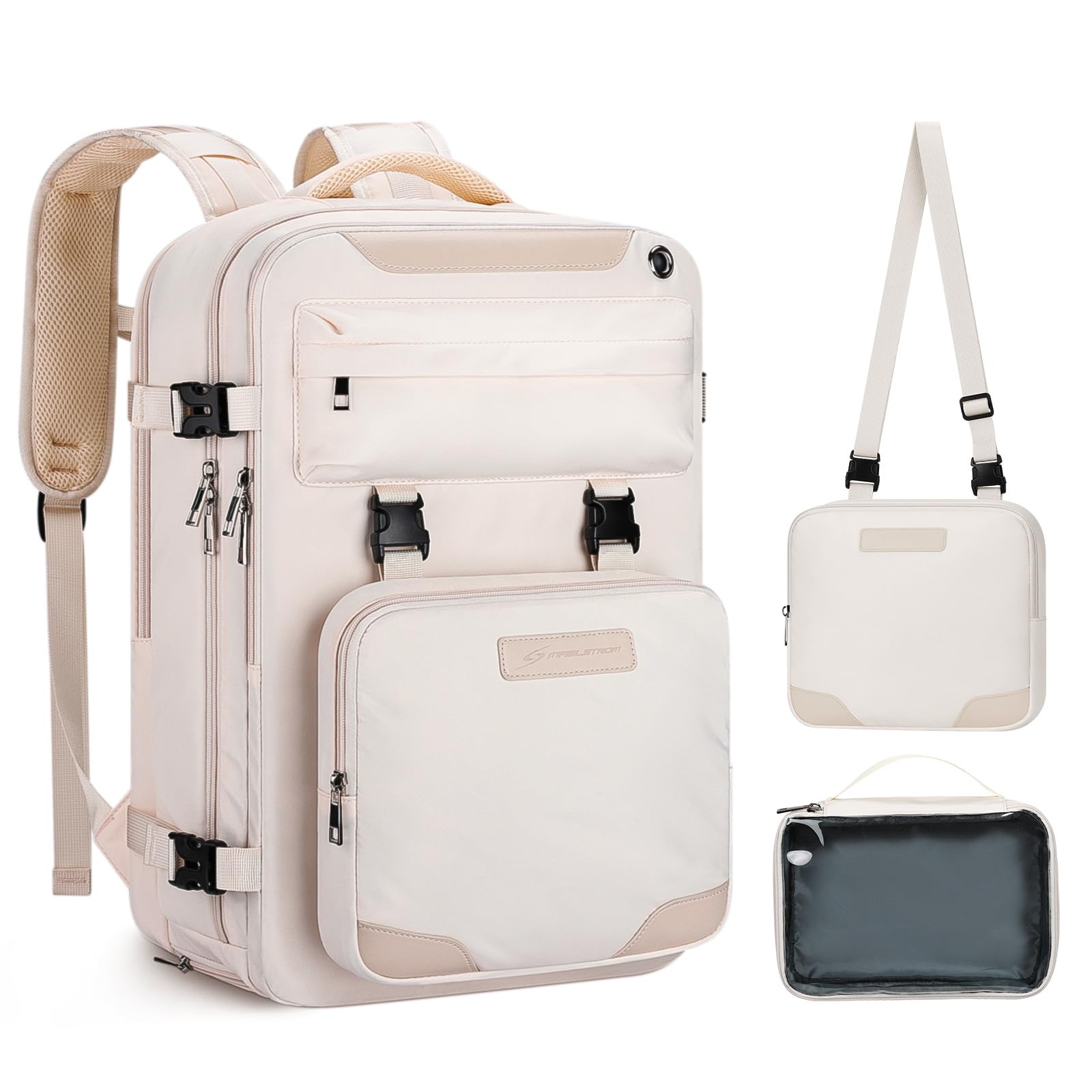 35L Maelstrom Travel Backpack for Women & Men - Waterproof Laptop Backpack Fits 17-Inch Computer, Airplane Carry On Backpack with Crossbody Bag, Shoe Compartment & Toiletry Pouch (Beige, Large) - Perfect for Business Trips, College Students & International Travel