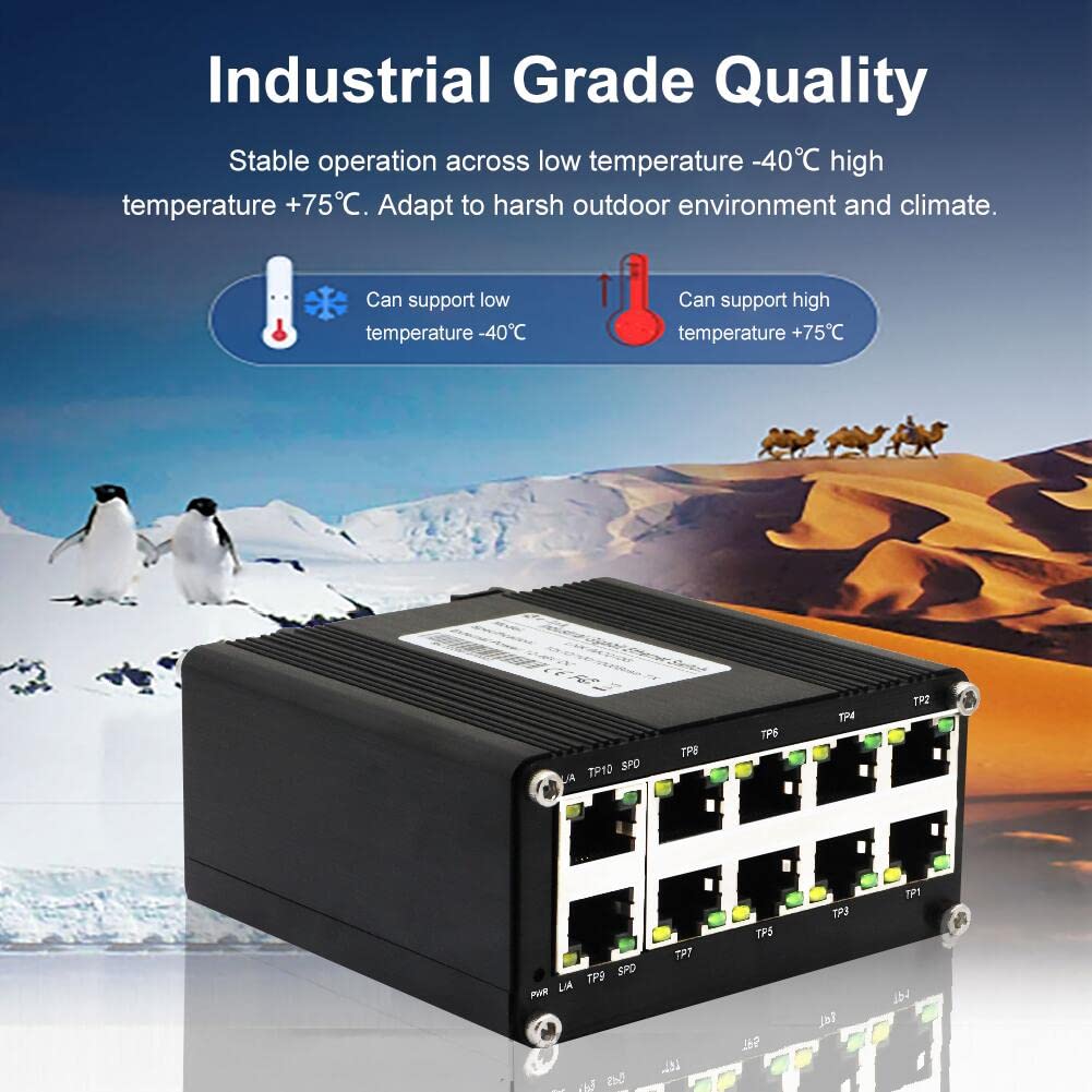 10 Port Gigabit Ethernet Switch - Industrial Grade, DIN Rail Mount, Unmanaged Network Switch with 10x RJ45 Ports (10/100/1000Mbps), Wide Temperature Range (-40°F to 176°F), 12-48V DC Power - Perfect for Outdoor, Factory Automation, and Harsh Environment Networking