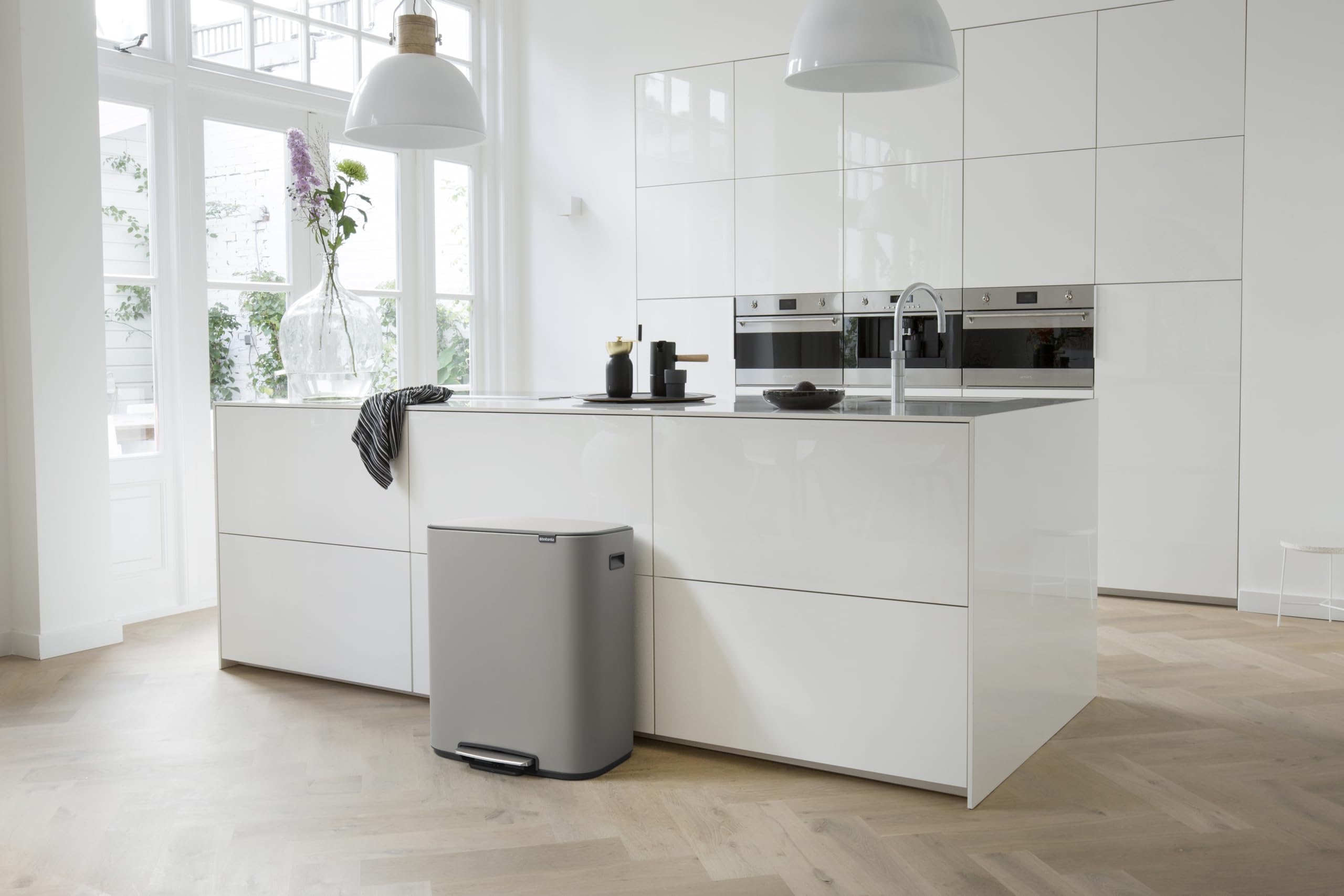 Brabantia Bo Step-On Pedal Trash Can 16 Gallon - Stainless Steel Inner Bucket, Removable Compartment, Mineral Concrete Gray - Perfect for Kitchen, Office & Recycling Waste Disposal