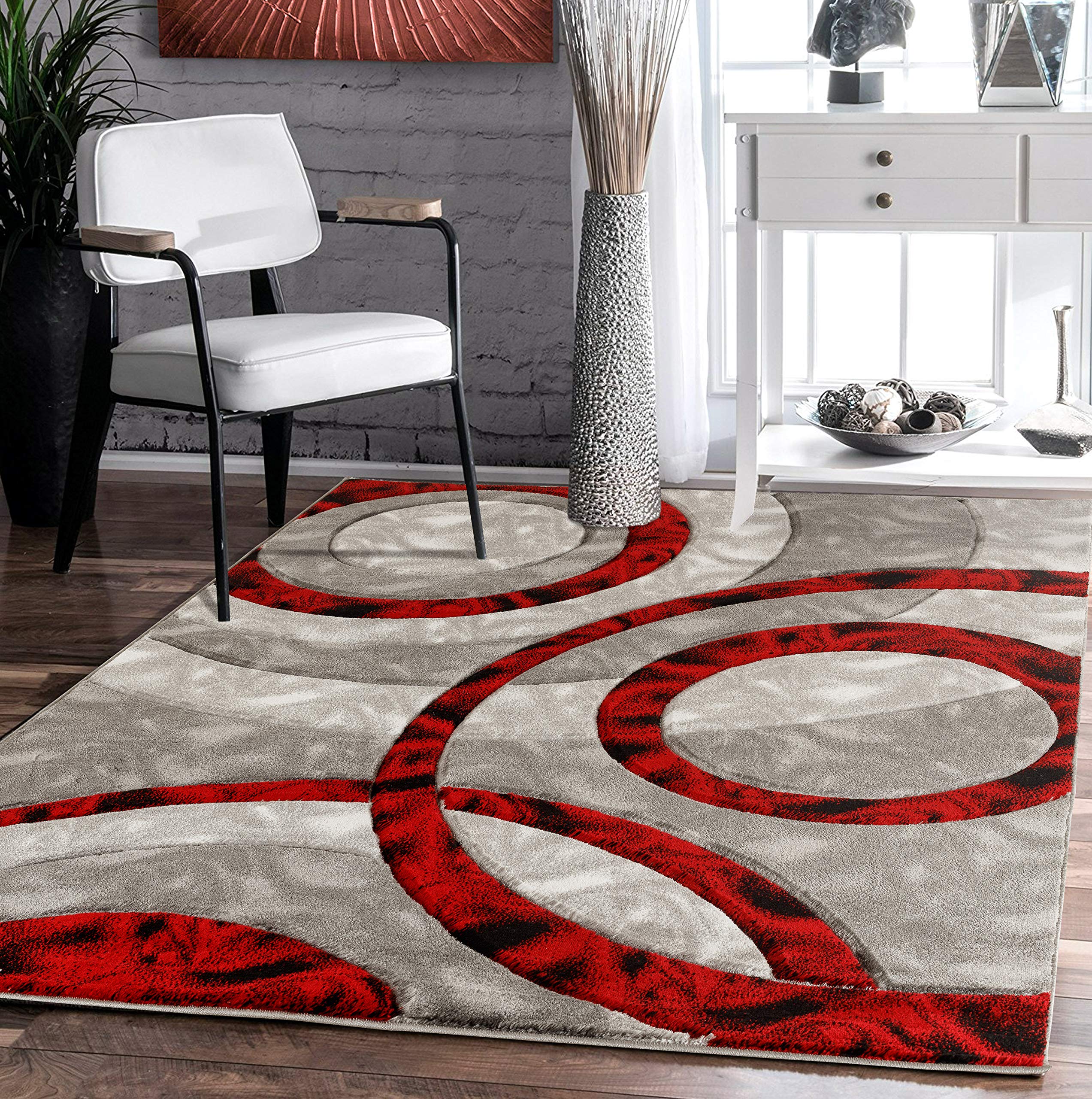 Glory Rugs Modern 4x6 Geometric Area Rug - Soft Hand Carved Light Red Circles Design, Fluffy Plush Texture for Living Room, Dining Room & Bedroom Decor | Perfect for Contemporary Home, Apartment & Office Spaces