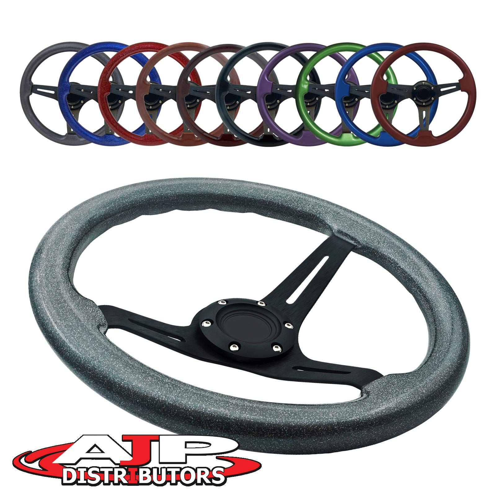 Universal 345mm 6-Bolt Deep Dish Aluminum Steering Wheel with Wood Grain Trim - JDM Euro VIP Style for Racing, Drift, Drag - Gunmetal Metallic & Black Center - Perfect for Track Days, Street Cruising & Car Shows