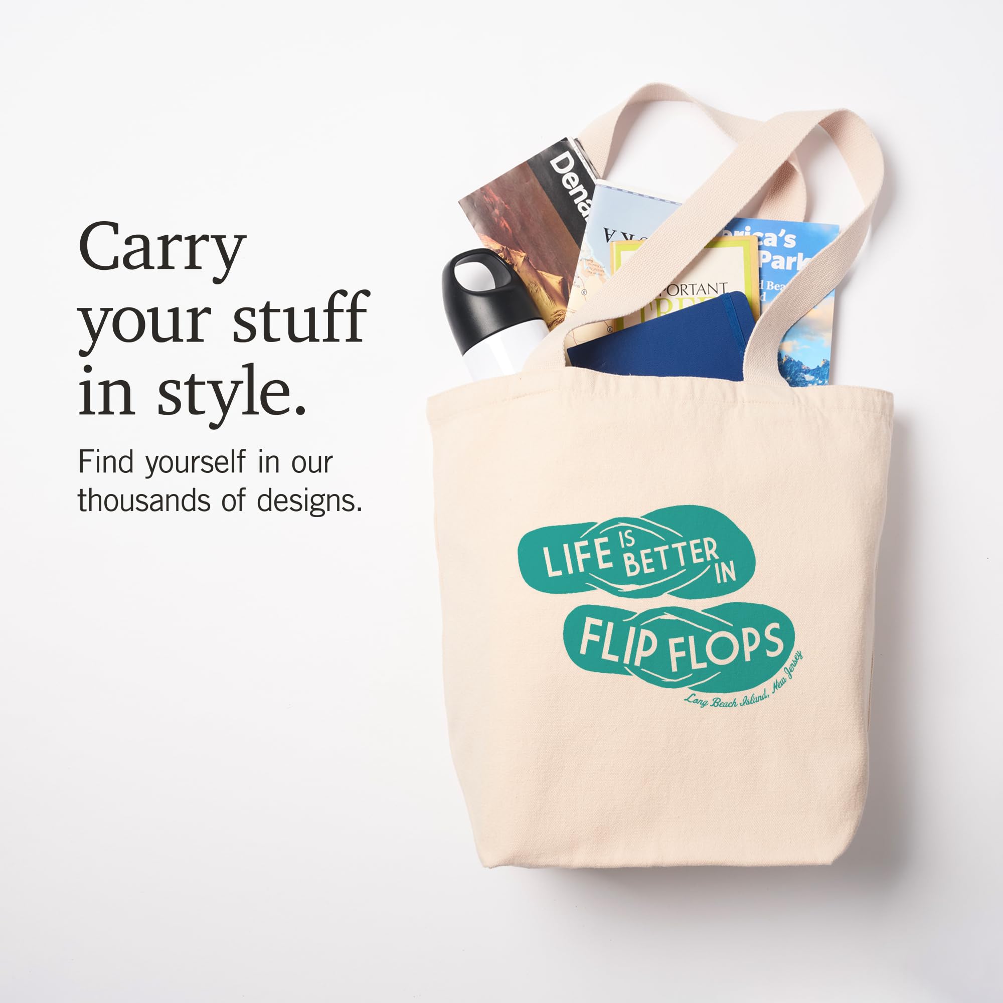 Lantern Press Long Beach Island New Jersey Tote Bag - 'Life is Better in Flip Flops' Design on 100% Cotton Canvas Reusable Shopping Bag (Teal) - Perfect for Beach Trips, Groceries & Everyday Use