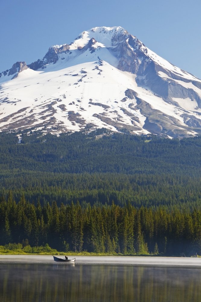 Stunning Mount Hood & Trillium Lake Boating Scene - Oregon Cascades Landscape Poster Print (24x38 Inches) - Perfect for Home, Office, or Cabin Wall Decor