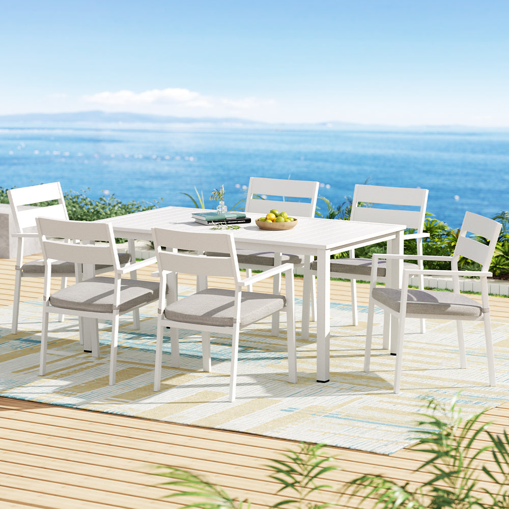 7-Piece Aluminum Outdoor Dining Set with Gray Cushions - Patio Furniture for Garden, Backyard, and Poolside Dining