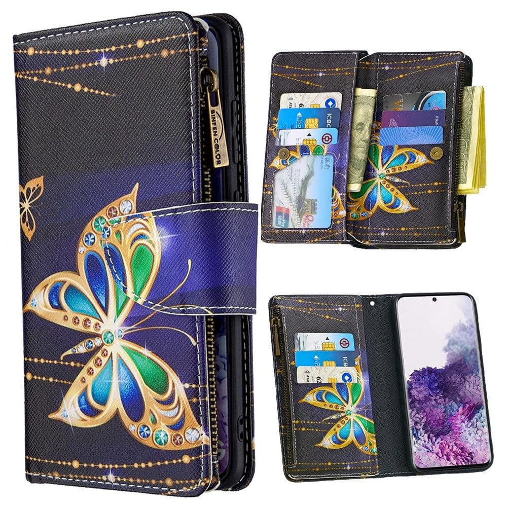 XYX Wallet Case for Samsung Galaxy A03s - PU Leather Flip Cover with Zipper, 9 Card Slots & Wrist Strap | Big Butterfly Design | Perfect for Daily Use, Travel & Hands-Free Convenience