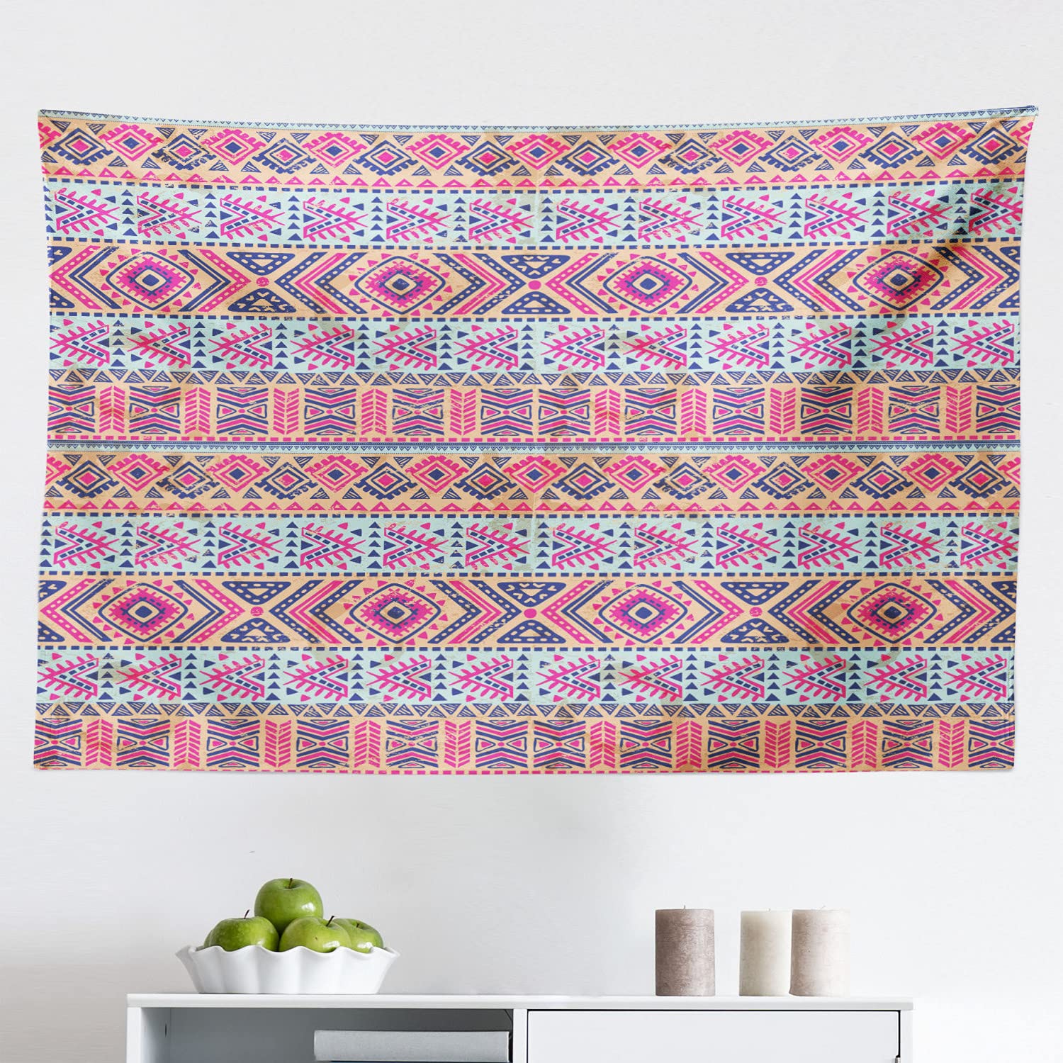 Ambesonne Tribal Tapestry Wall Hanging - 45x30 Inch Retro Vintage Spring Pattern Fabric Decor for Bedroom, Living Room, Dorm | Pale Blue Indigo Bohemian Home Decor | Perfect for Wall Art, Room Dividers & Cozy Boho Vibes