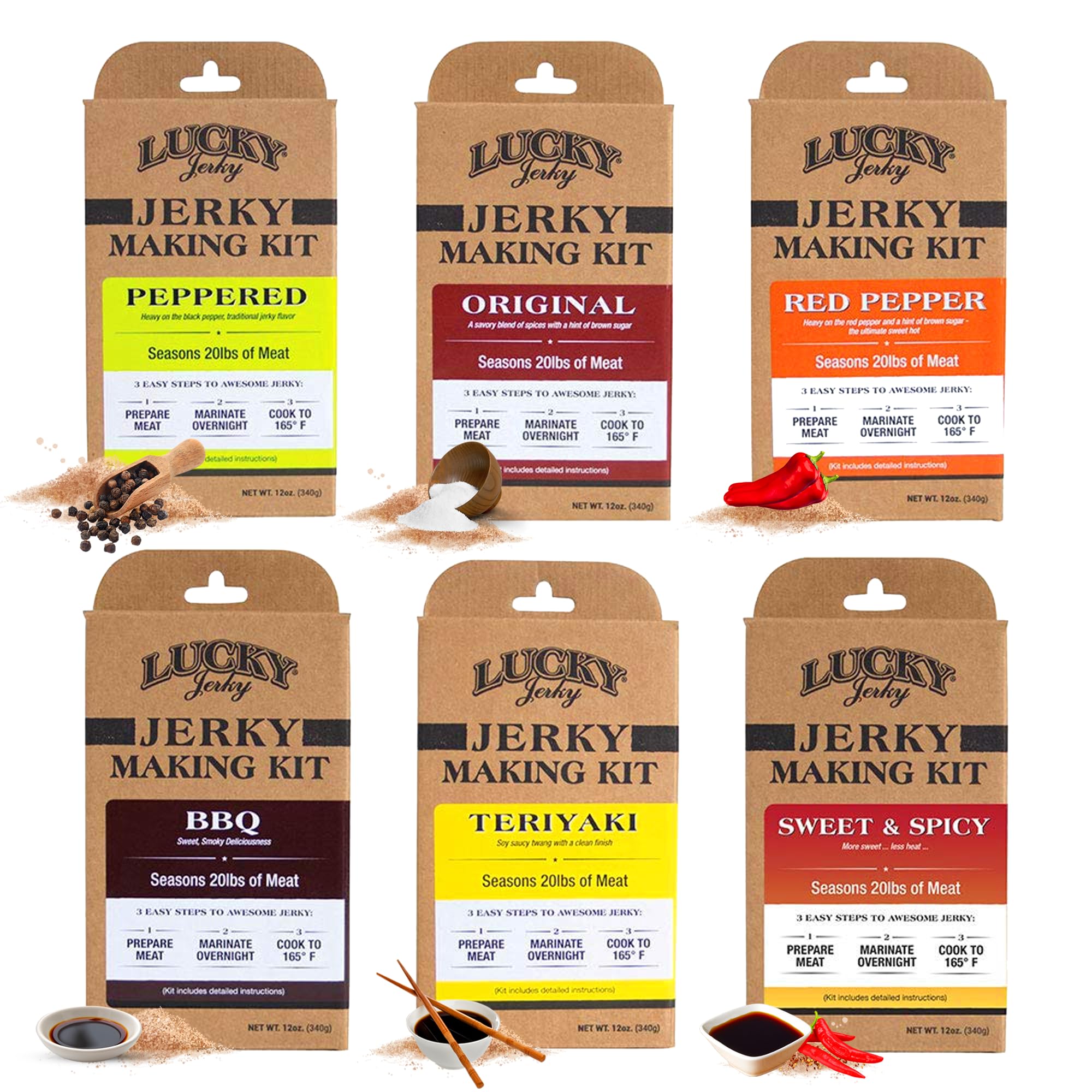 Lucky Jerky DIY Jerky Seasoning Kit - 6 Flavor Variety Pack for Homemade Beef Jerky | Sweet & Spicy, Peppered, Red Pepper, Teriyaki, BBQ & Original Flavors | Perfect for Camping, Hiking & Snacking