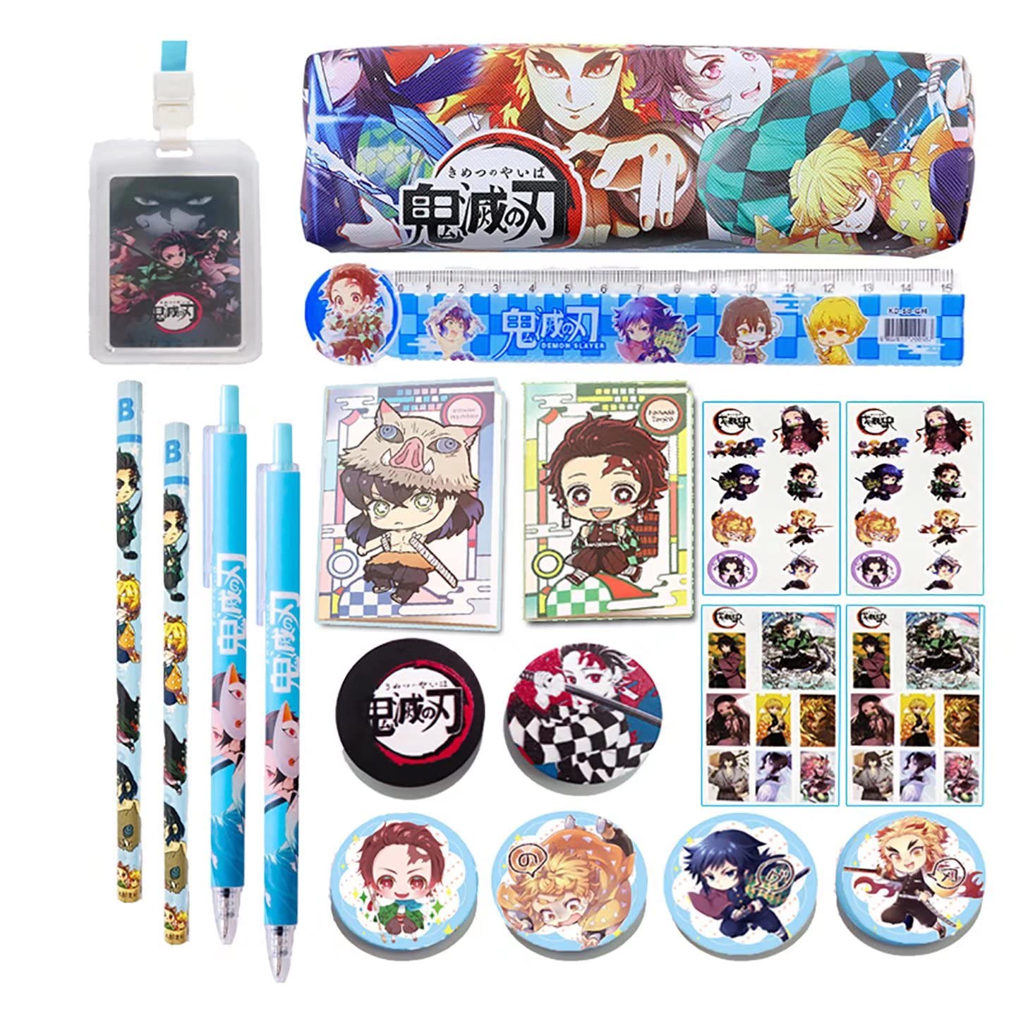 **Anime School Supplies Gift Set - Pencil, Rollerball Pen, Pencil Case, Ruler, Card Holder with Lanyard, Notebook, Tattoo Sticker, Phone Ring Holder, Button Pins - Perfect for Students, Fans & Collectors**
