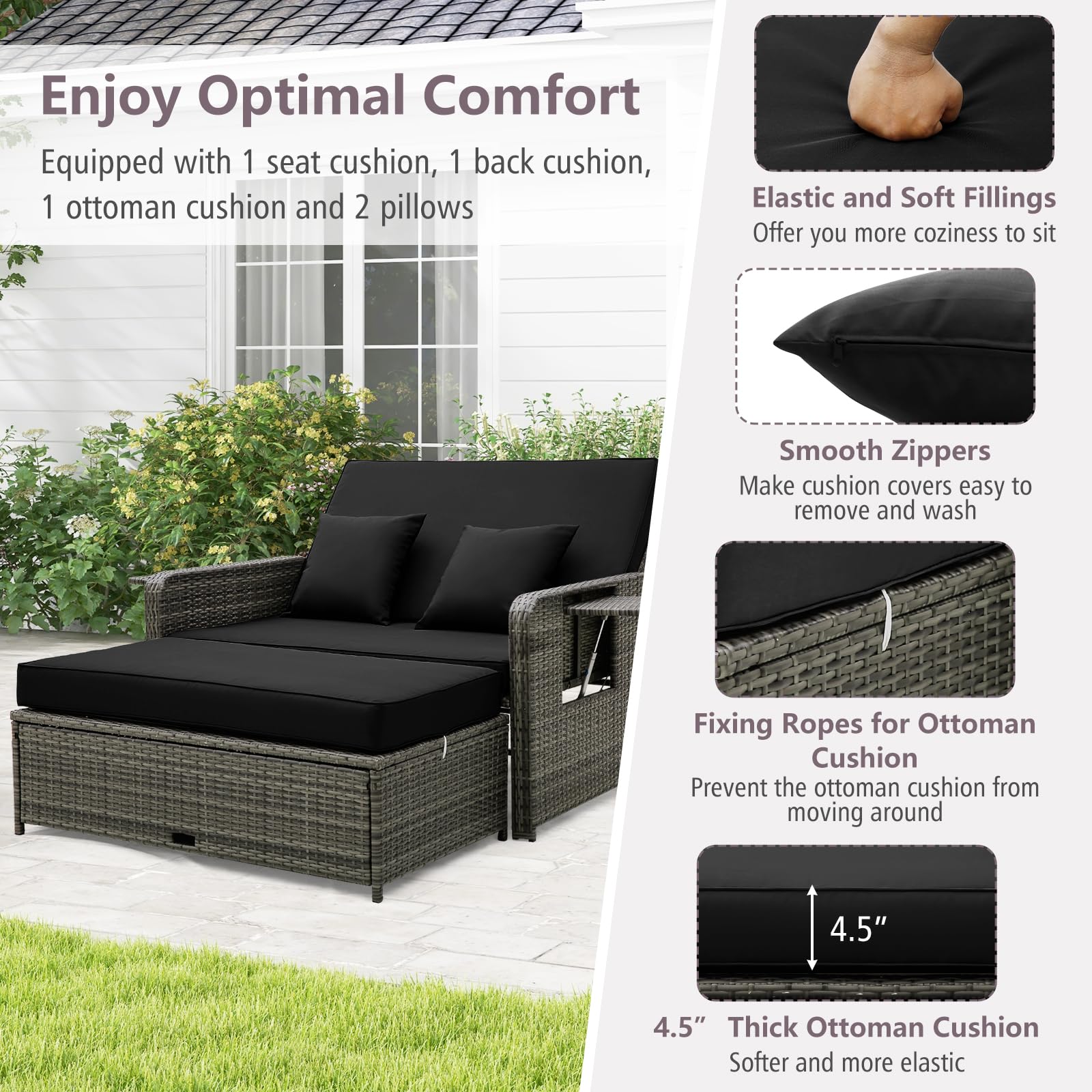 Tangkula Outdoor Patio Rattan Daybed Set with Adjustable Backrest - Wicker Loveseat Sofa, Ottoman & Side Tray - Includes Storage Footstool & Cushions - Perfect for Backyard, Garden, Poolside Relaxation