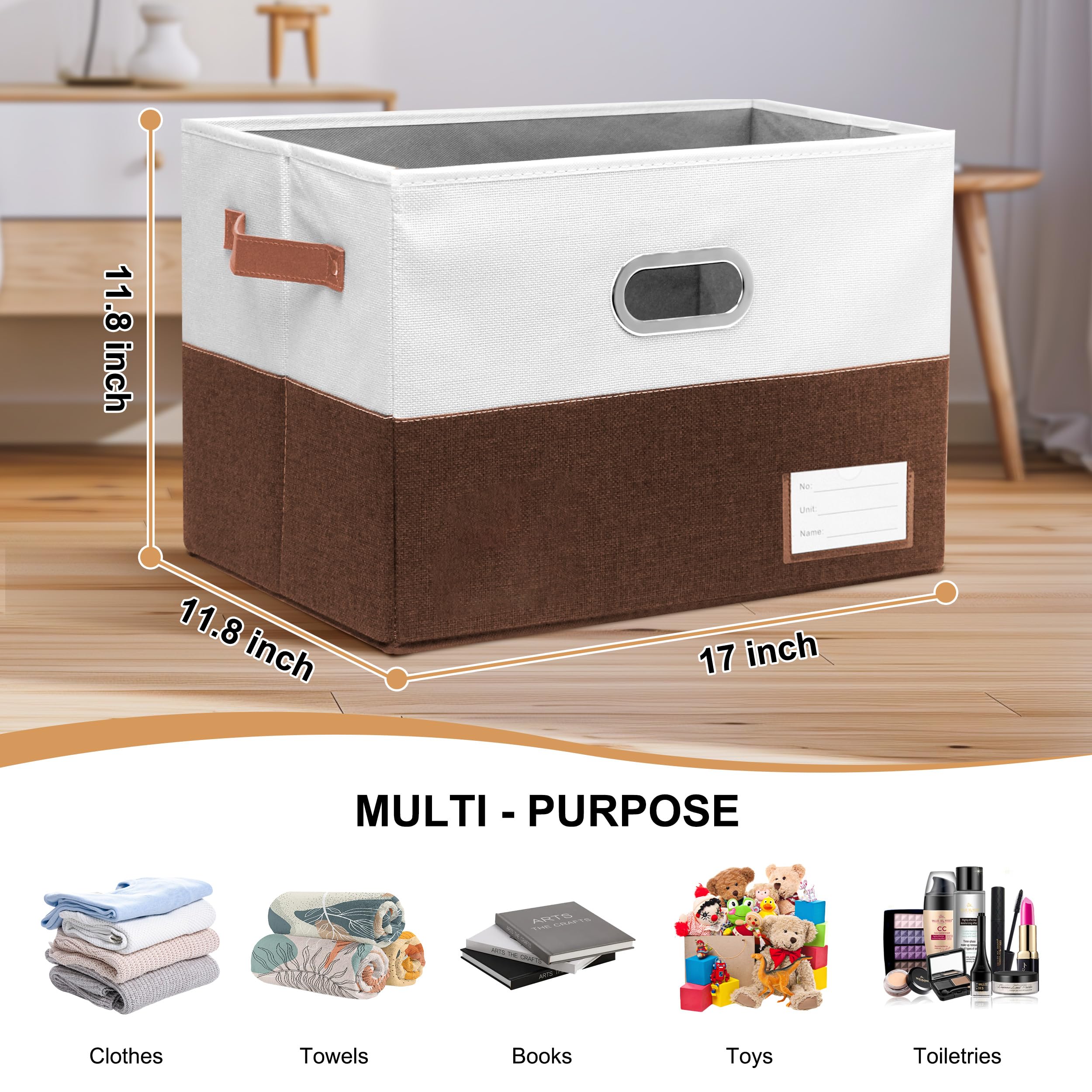 Foldable Fabric Storage Bins with Handles - Collapsible Closet Organizer for Bedroom, Living Room & Office - Multi-Purpose Storage Boxes (Brown & White, 3 Pack 17x11.8x10.6 Inches) - Perfect for Clothes, Toys & Home Organization
