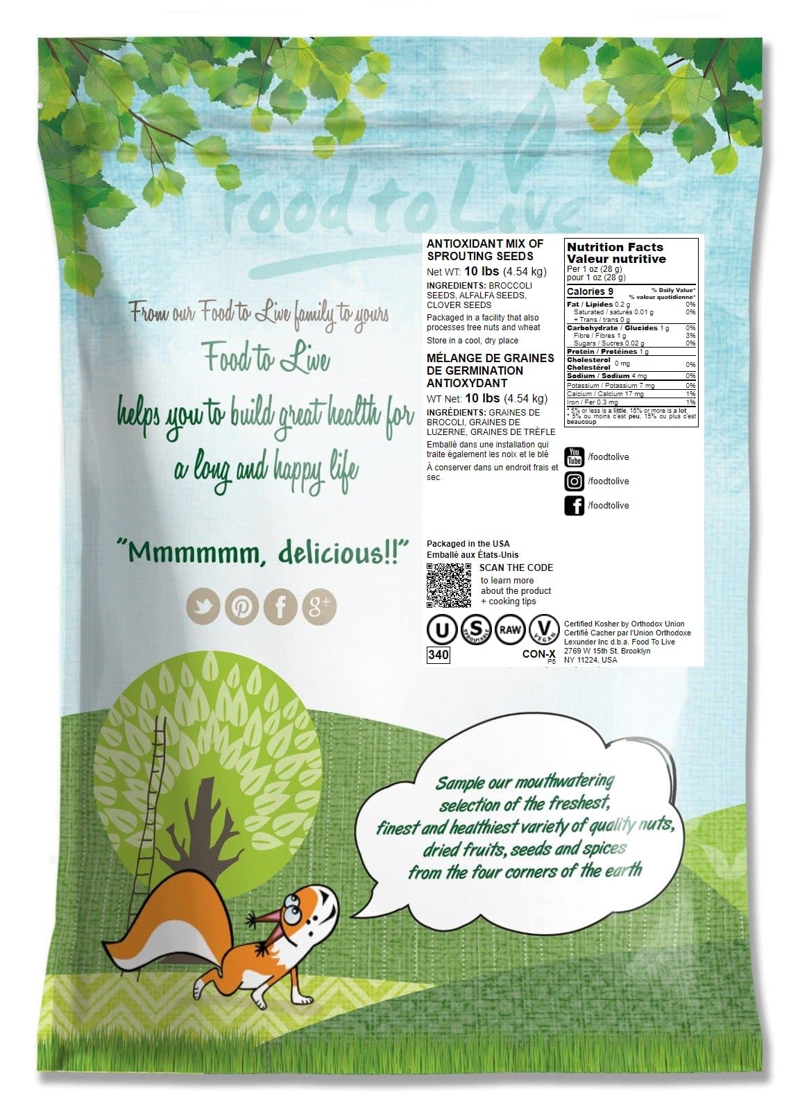 Food to Live - 10lb Organic Antioxidant Sprouting Seed Mix (Broccoli, Clover, Alfalfa) | Kosher, Raw, Vegan | Perfect for Salads, Smoothies & Healthy Snacks