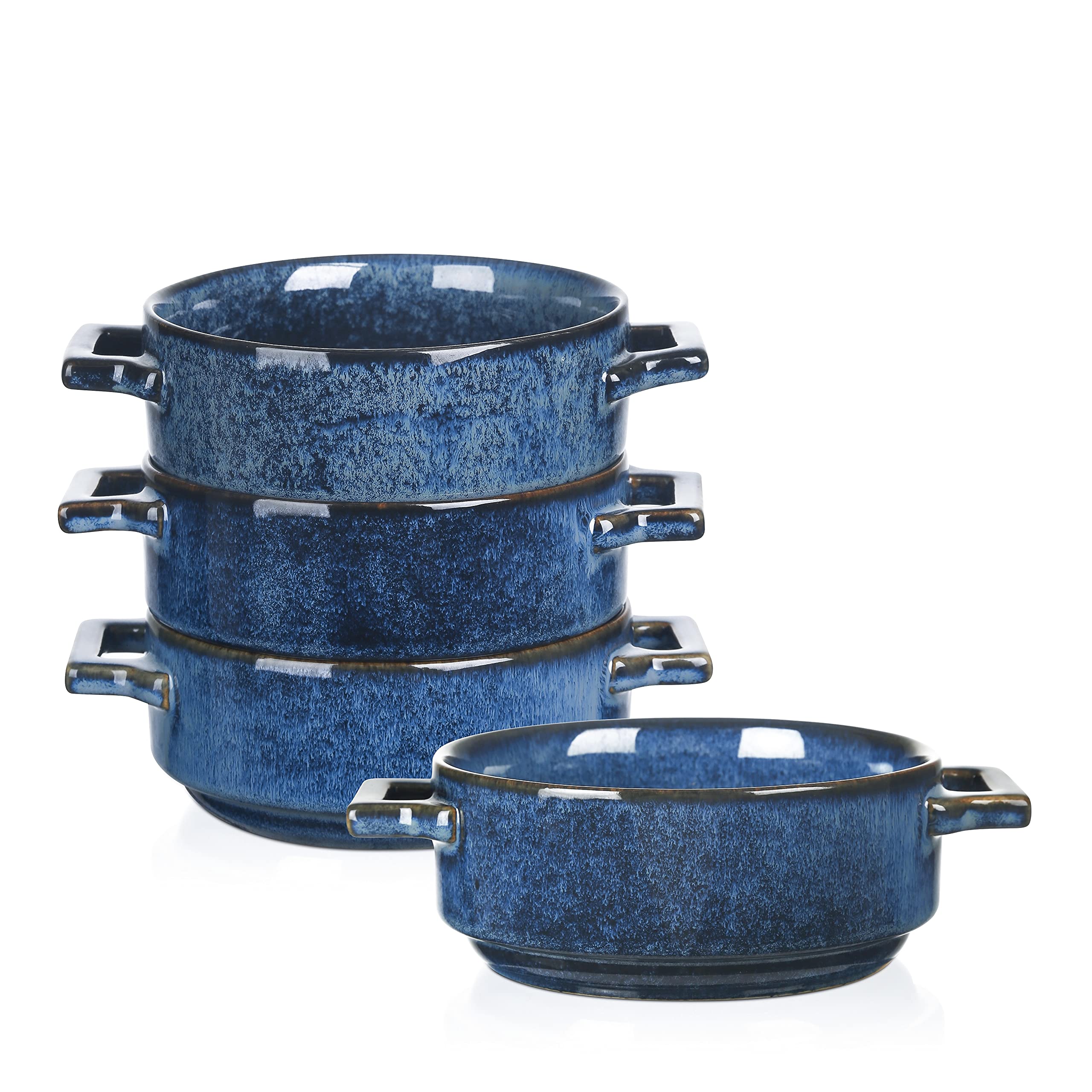Vicrays 24oz Ceramic Soup Bowls with Handles - Set of 4 Microwave & Oven Safe Porcelain Crocks for French Onion Soup, Beef Stew, Pasta, Cereal | Perfect for Family Dinners, Restaurant Serving & Meal Prep (Blue)