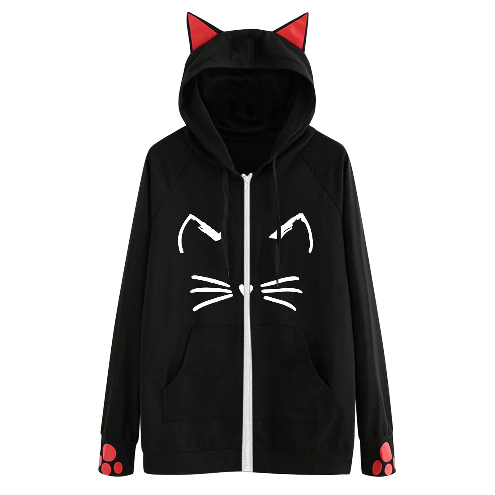 Trendy Women's Cat Print Hooded Sweatshirt with Zipper & Utility Pockets - Casual Slouchy Pullover for Work, Streetwear & Everyday Comfort