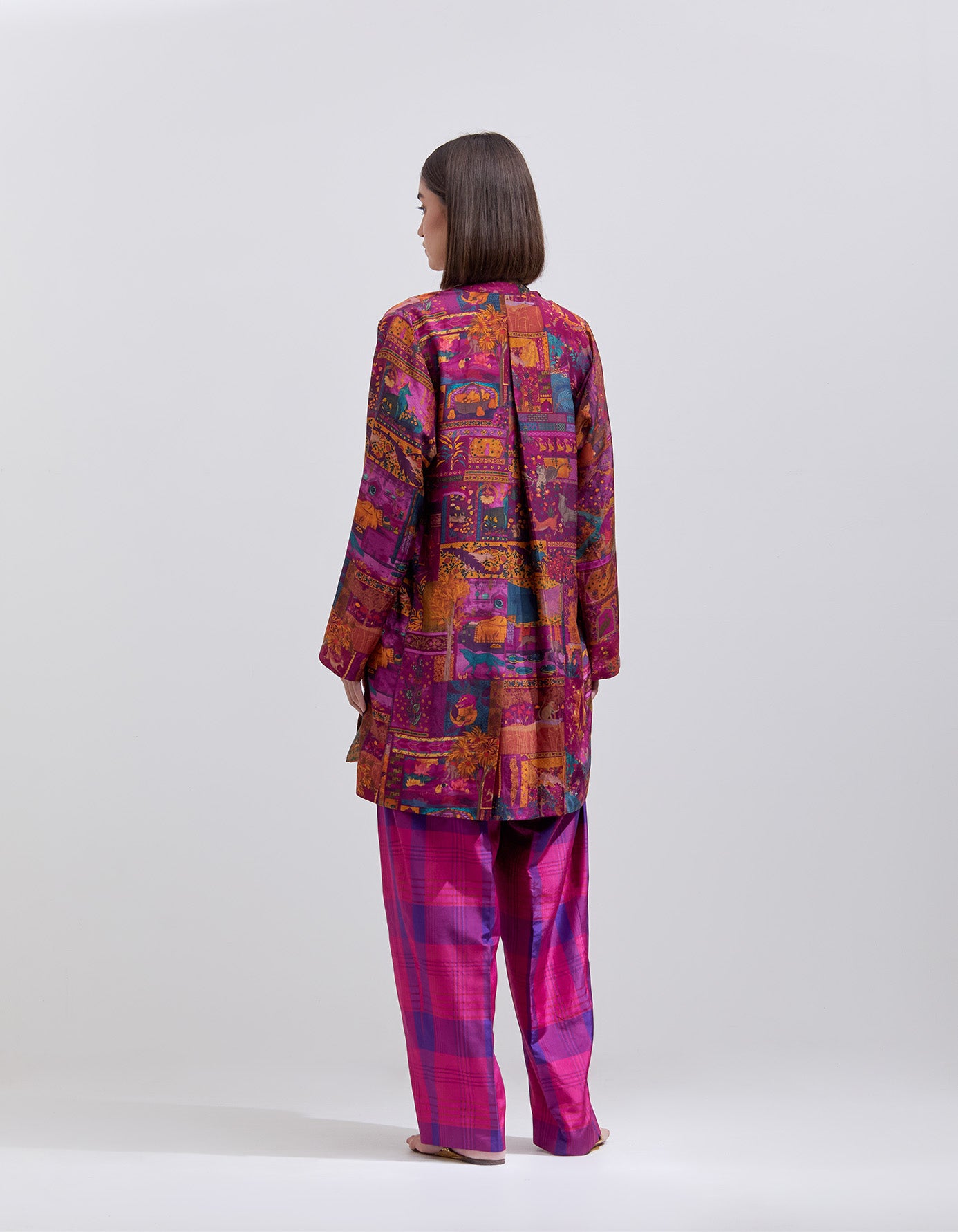 6-Pleat Silk Dupion Check Trousers in Purple - Elegant Office Wear & Formal Occasions