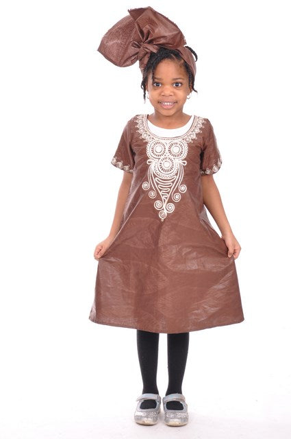 Elegant Brown Brocade Girls Dress with Beige Embroidery - DPC3334 | Perfect for Birthday Parties, Weddings & Special Occasions