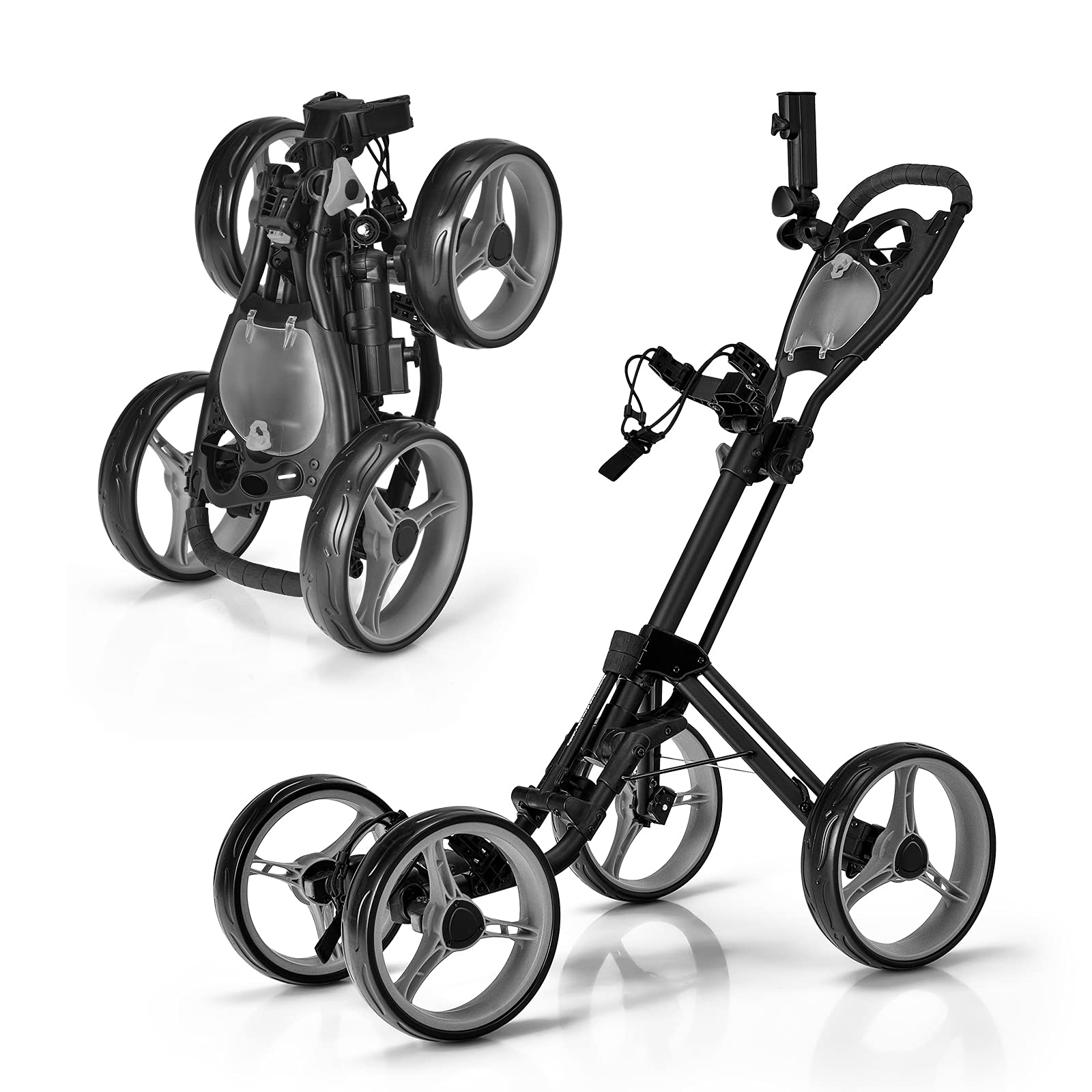 GYMAX 4 Wheel Folding Golf Push Cart - Adjustable Height Golf Trolley with Umbrella Holder, Cup Holder & Foot Brake - Lightweight Portable Golf Caddy for Adults & Teens - Perfect for Golf Courses, Driving Ranges & Outdoor Practice