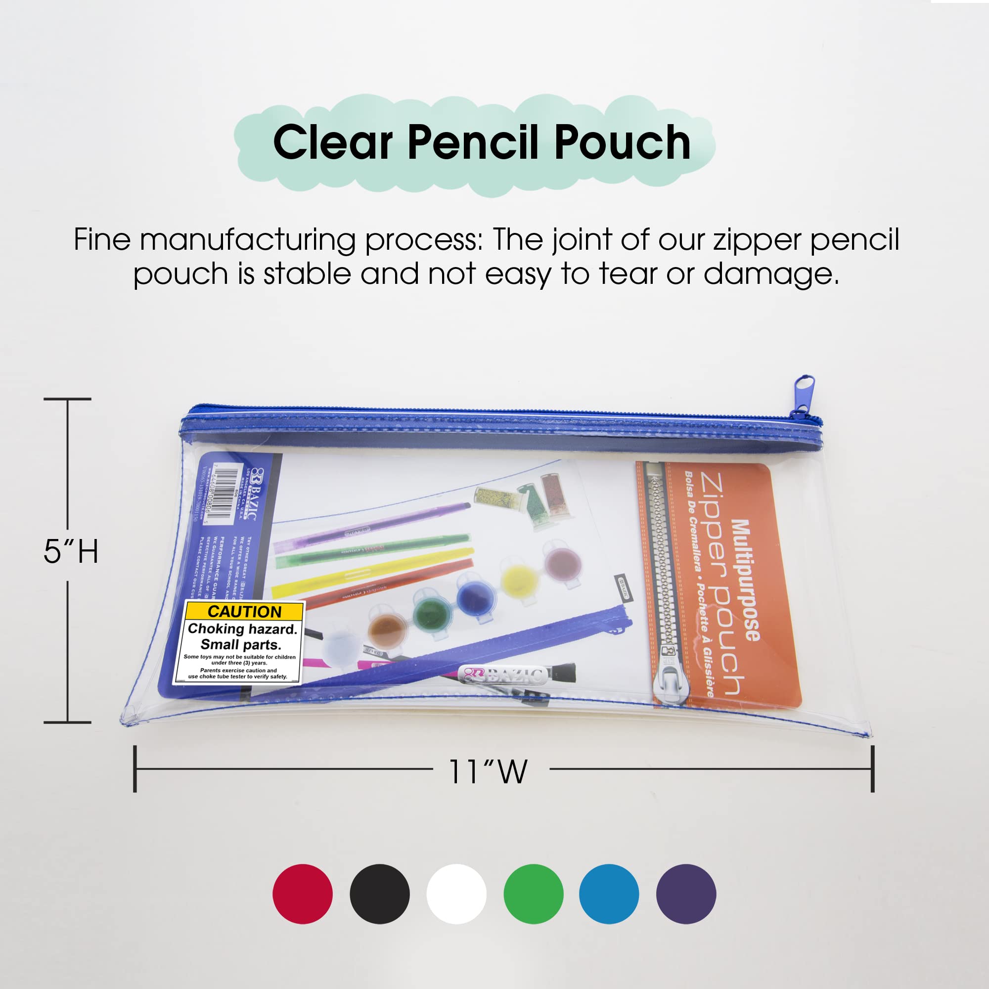 BAZIC 24-Pack Clear 3-Ring Binder Pencil Pouch with Zipper & Rivet Reinforced Holes, 11